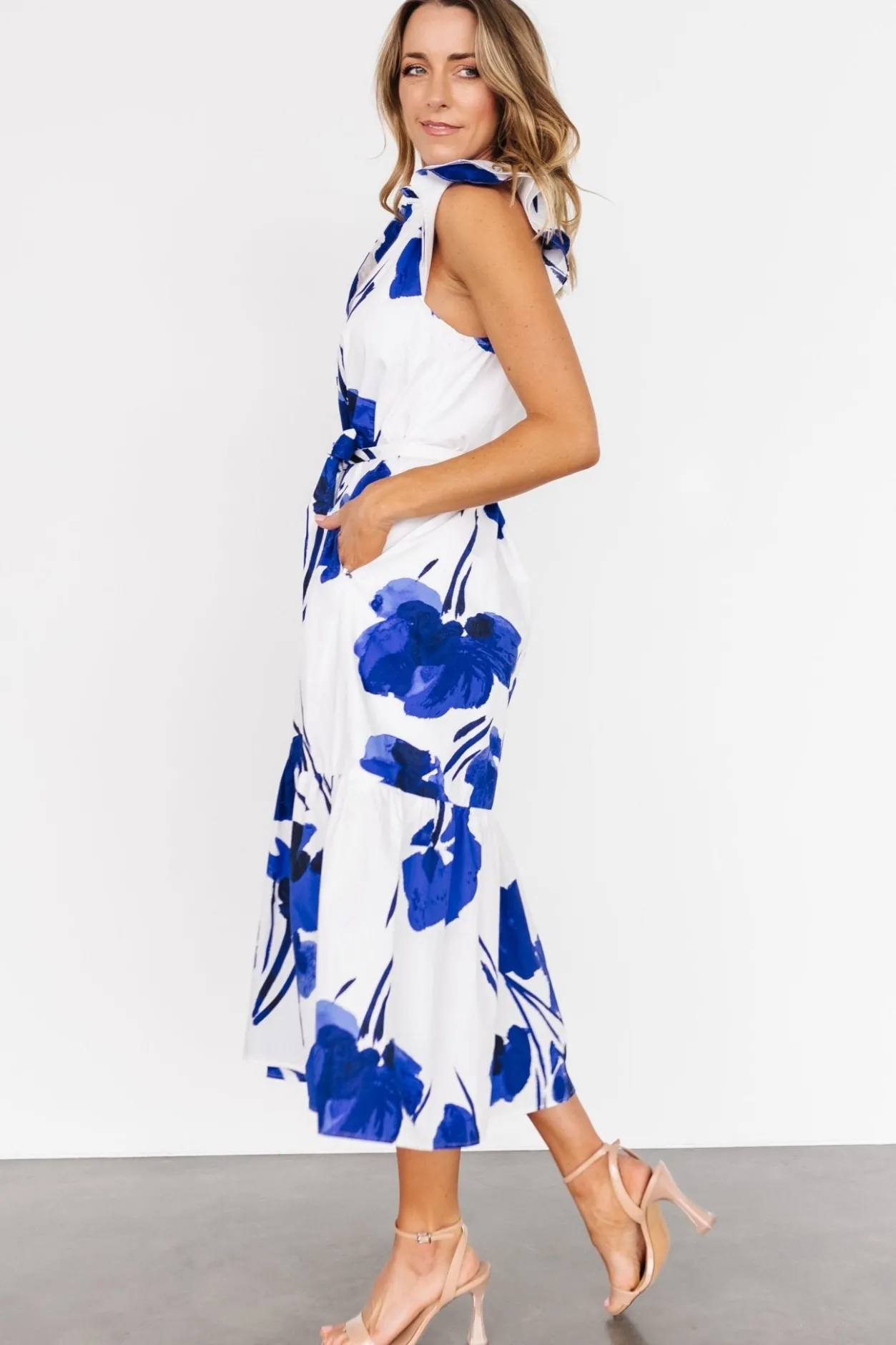 New Baltic Born Blakely Button Dress | White + Cobalt White+Cobalt