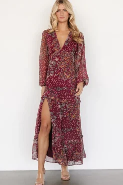Discount Baltic Born Bowman Deep V Maxi Dress | Burgundy Multi BurgundyMulti