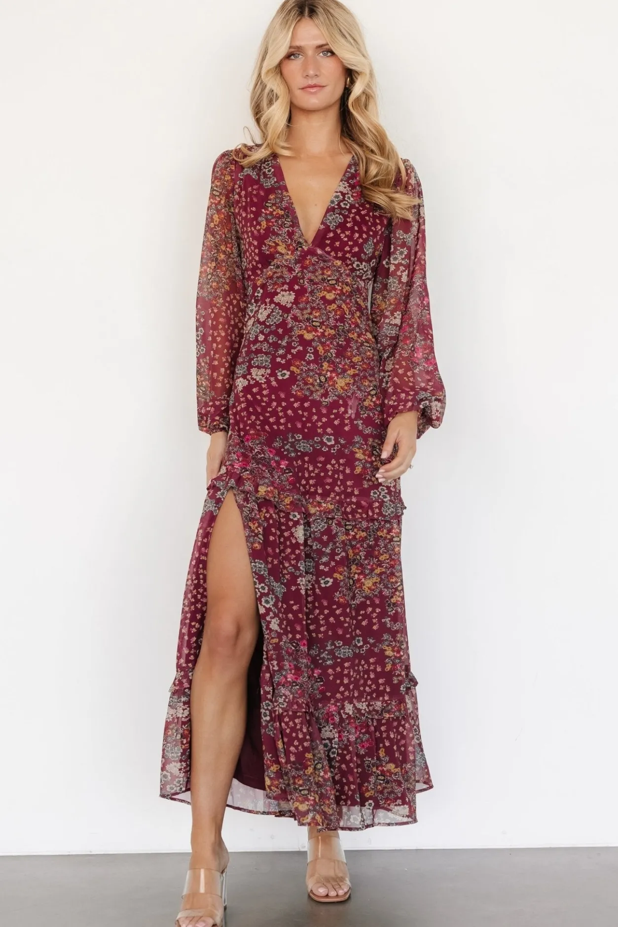 Discount Baltic Born Bowman Deep V Maxi Dress | Burgundy Multi BurgundyMulti