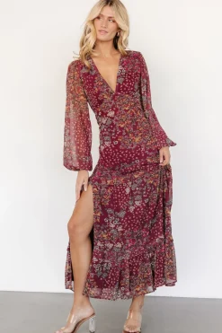 Discount Baltic Born Bowman Deep V Maxi Dress | Burgundy Multi BurgundyMulti