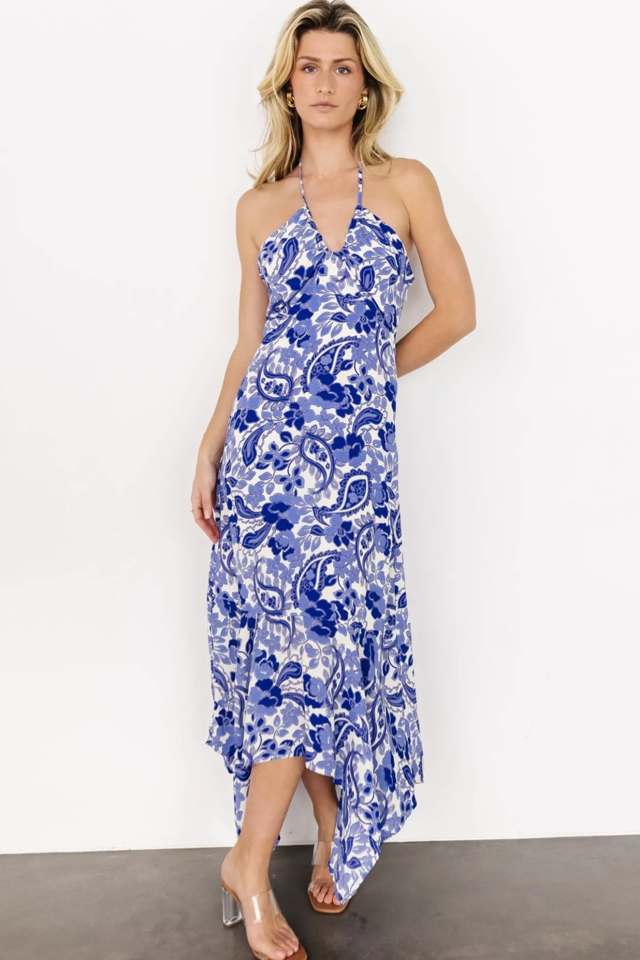 New Baltic Born Camila Halter Maxi Dress | Blue + Ivory Blue+Ivory