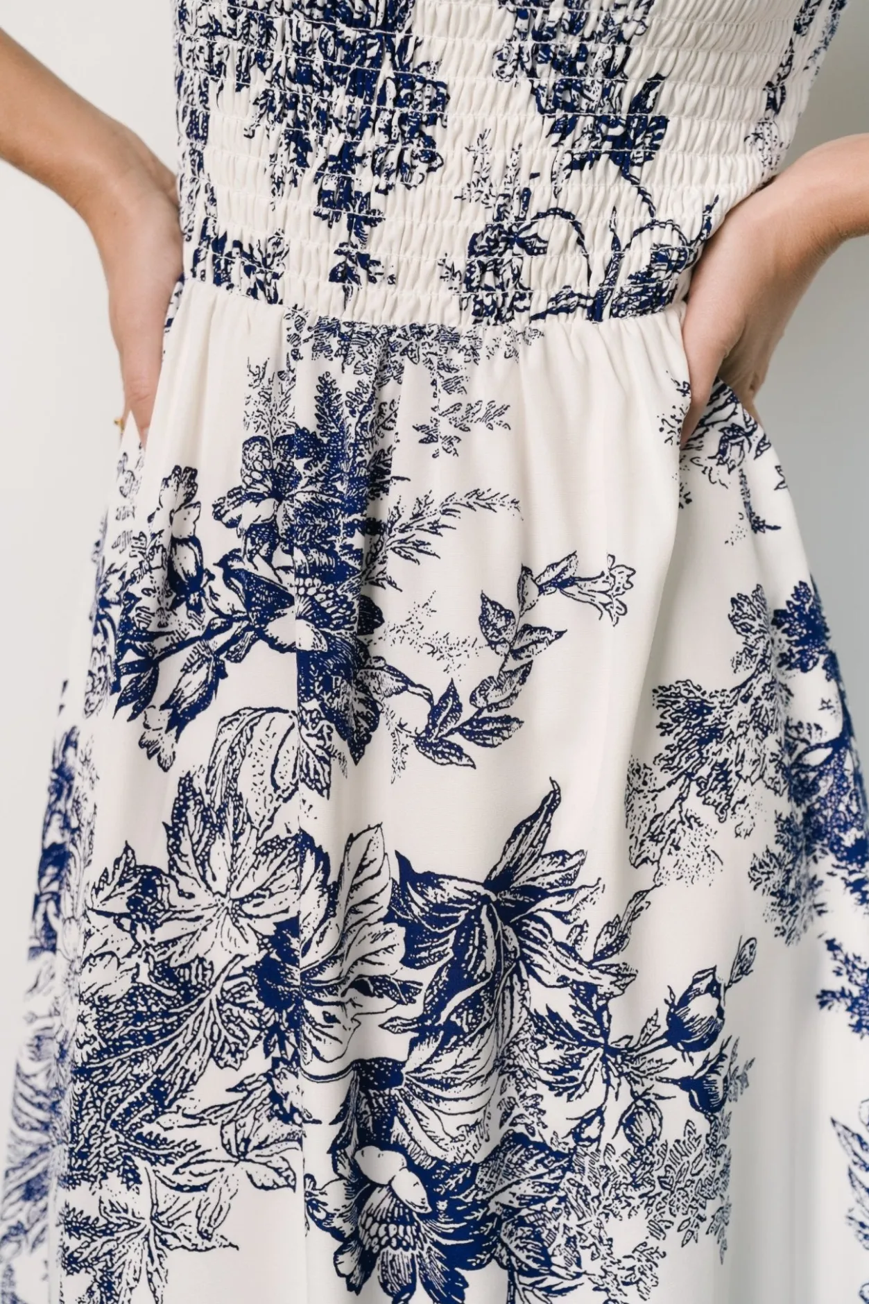 Discount Baltic Born Capri Smocked Maxi Dress | Ivory + Blue Floral Ivory+BlueFloral