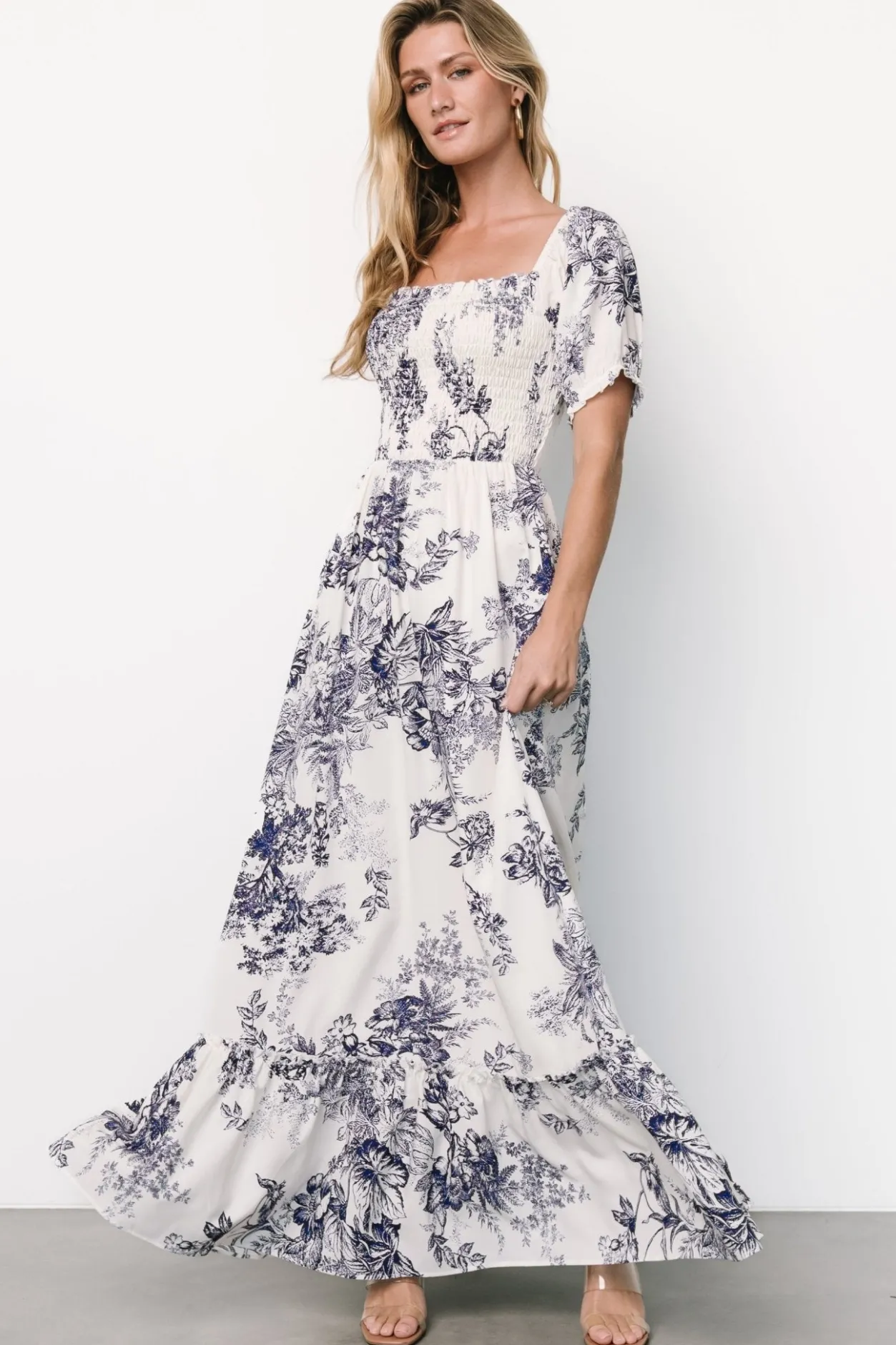 Discount Baltic Born Capri Smocked Maxi Dress | Ivory + Blue Floral Ivory+BlueFloral