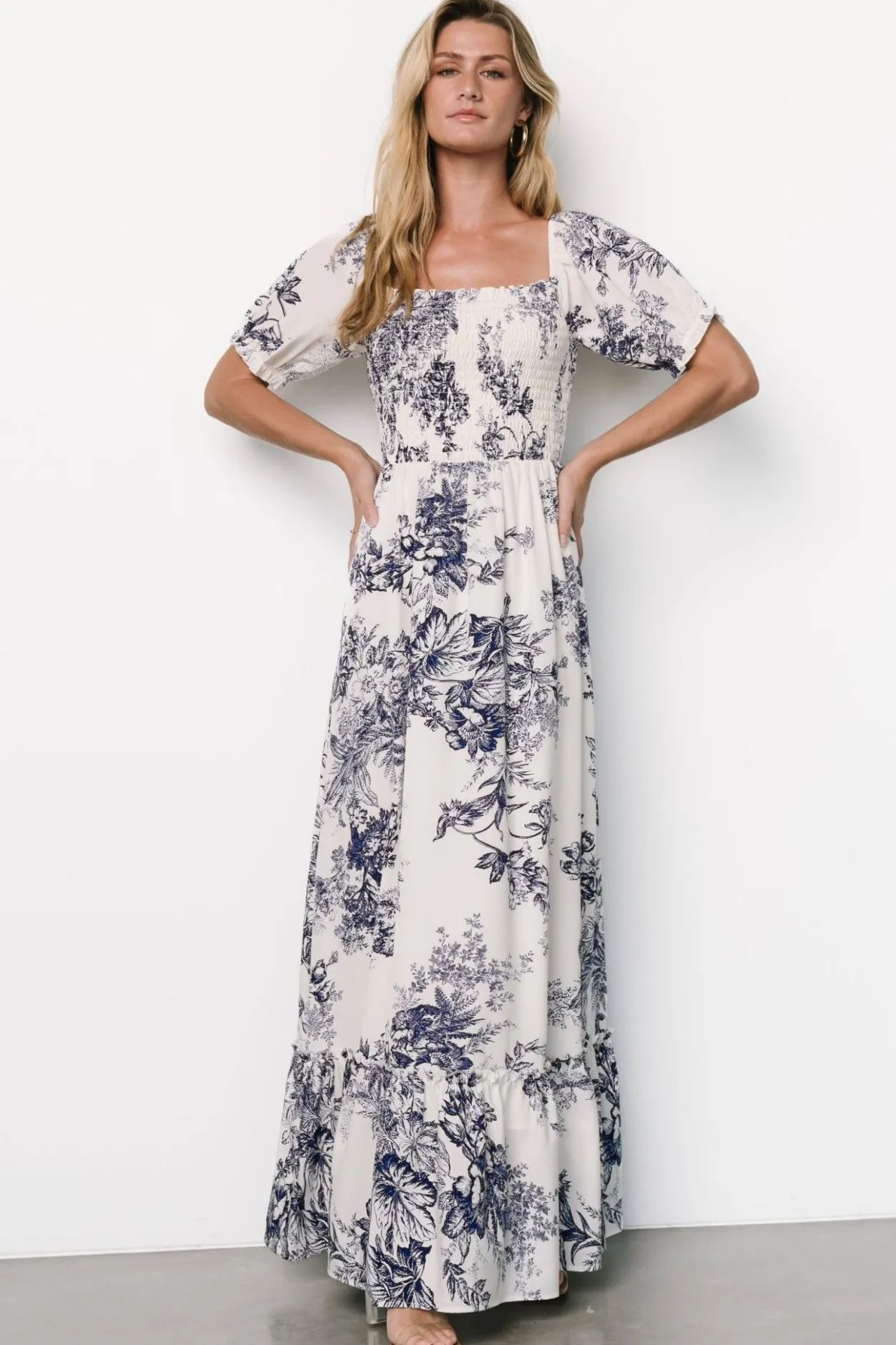 Discount Baltic Born Capri Smocked Maxi Dress | Ivory + Blue Floral Ivory+BlueFloral