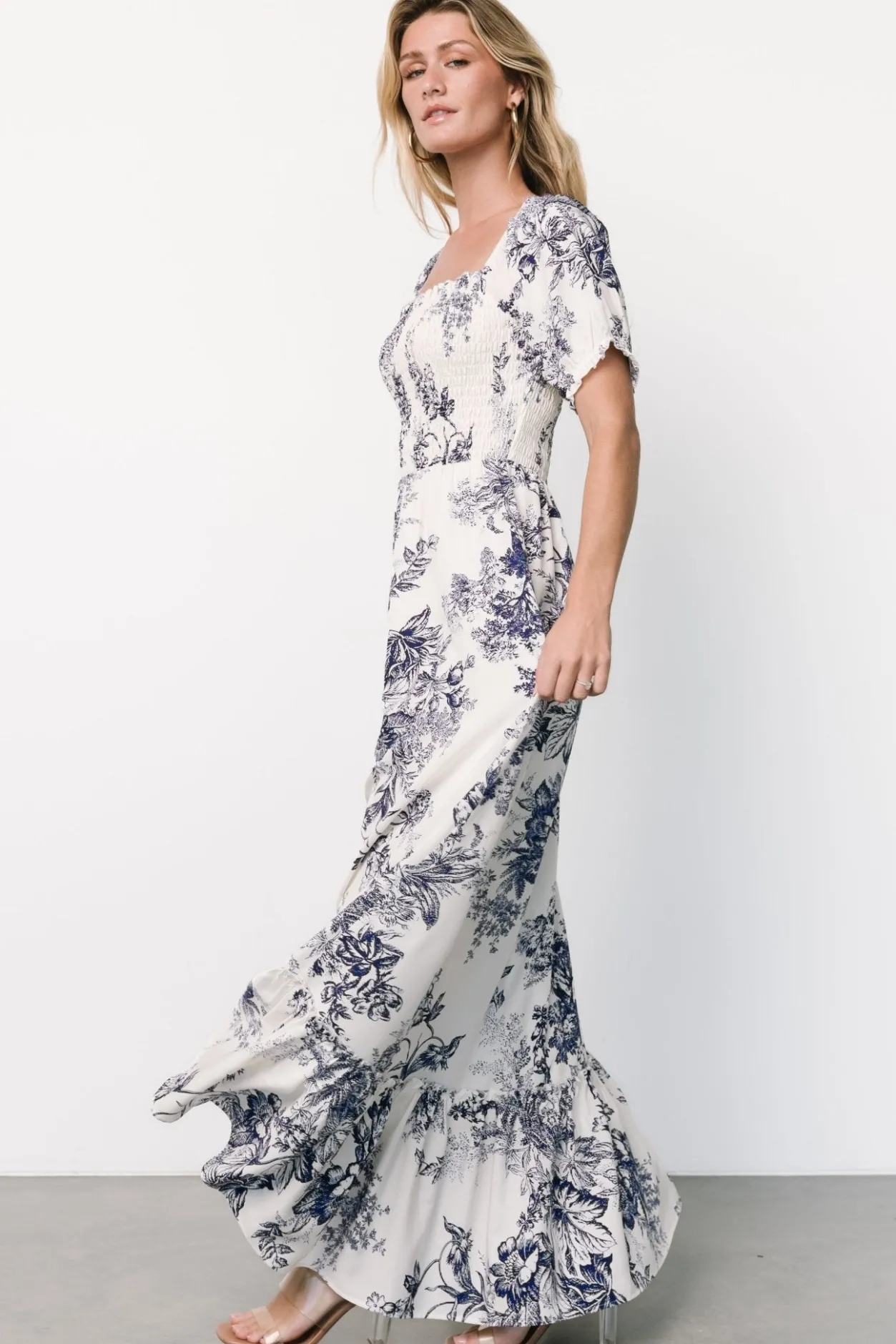 Discount Baltic Born Capri Smocked Maxi Dress | Ivory + Blue Floral Ivory+BlueFloral