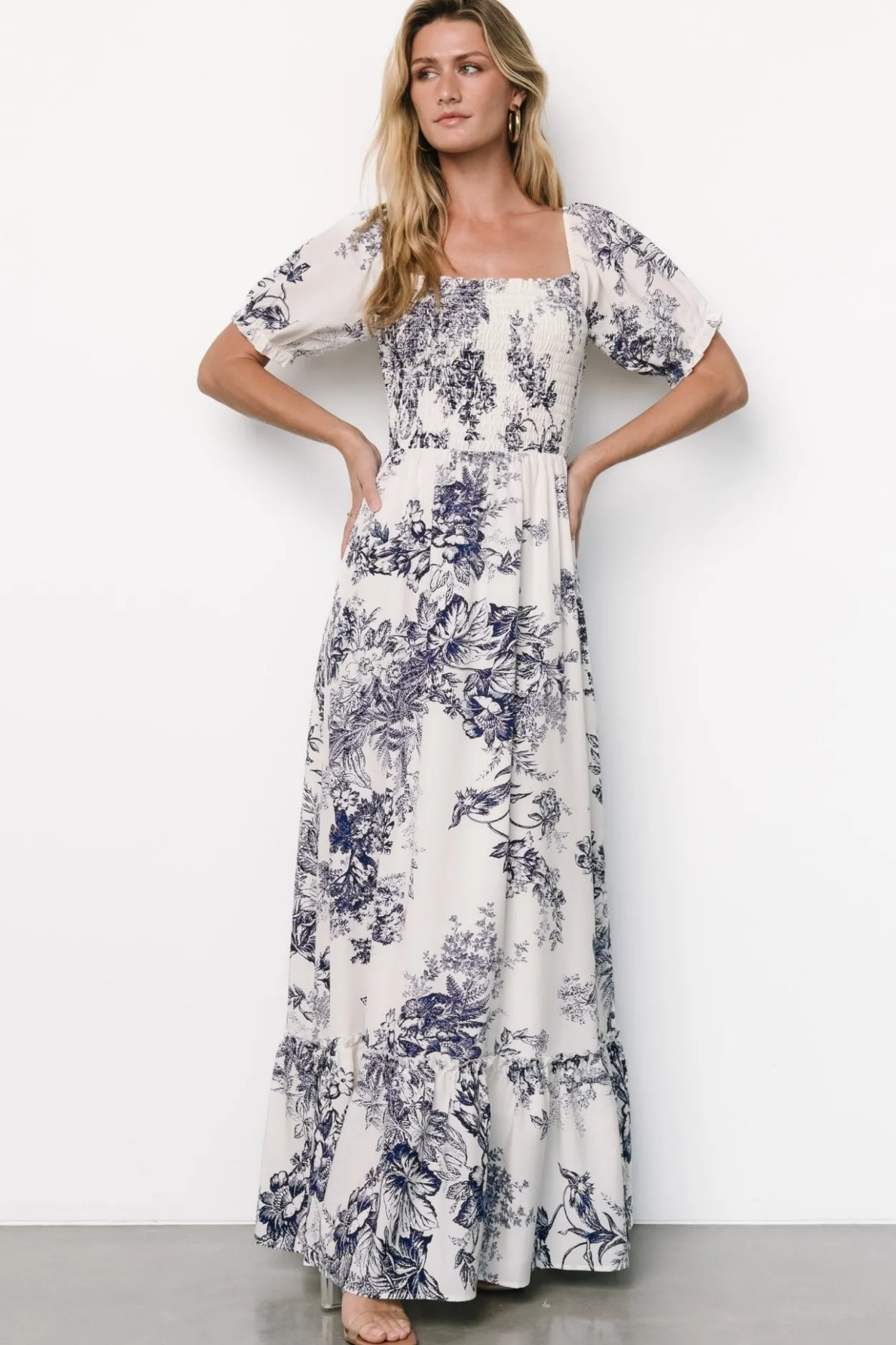 Discount Baltic Born Capri Smocked Maxi Dress | Ivory + Blue Floral Ivory+BlueFloral