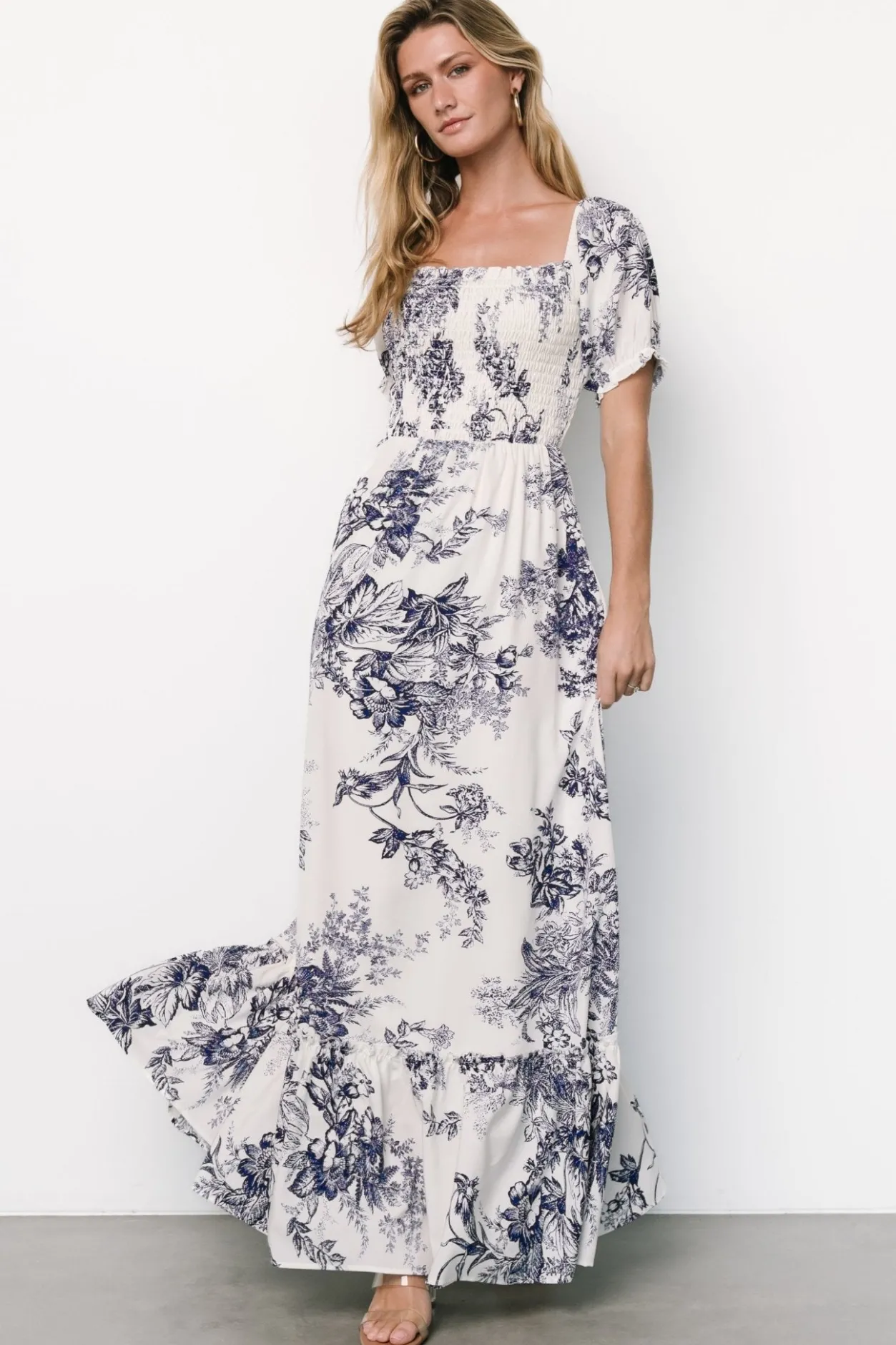 Discount Baltic Born Capri Smocked Maxi Dress | Ivory + Blue Floral Ivory+BlueFloral