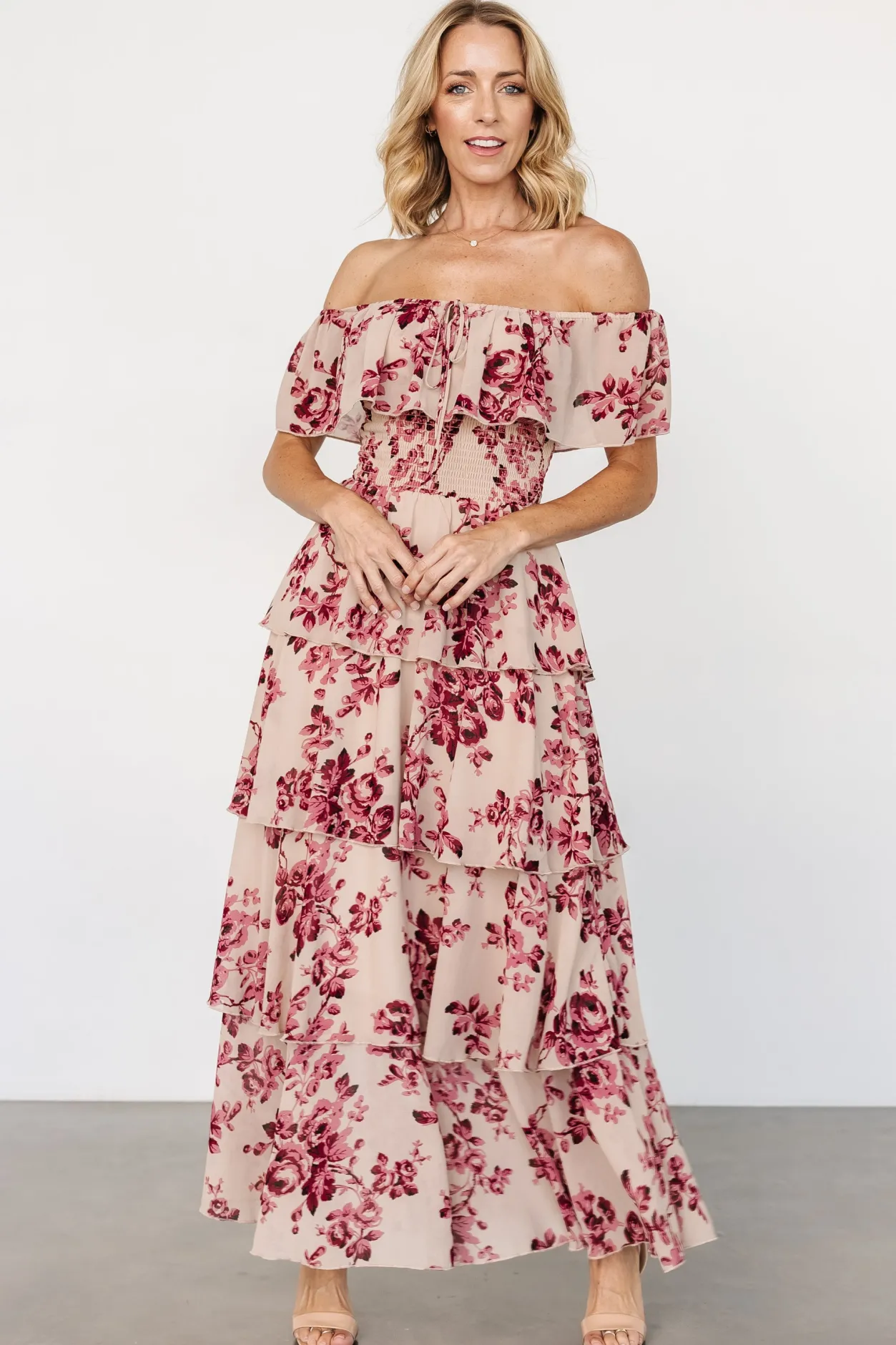 Clearance Baltic Born Carina Off Shoulder Maxi Dress | Nude + Rose Nude+Rose