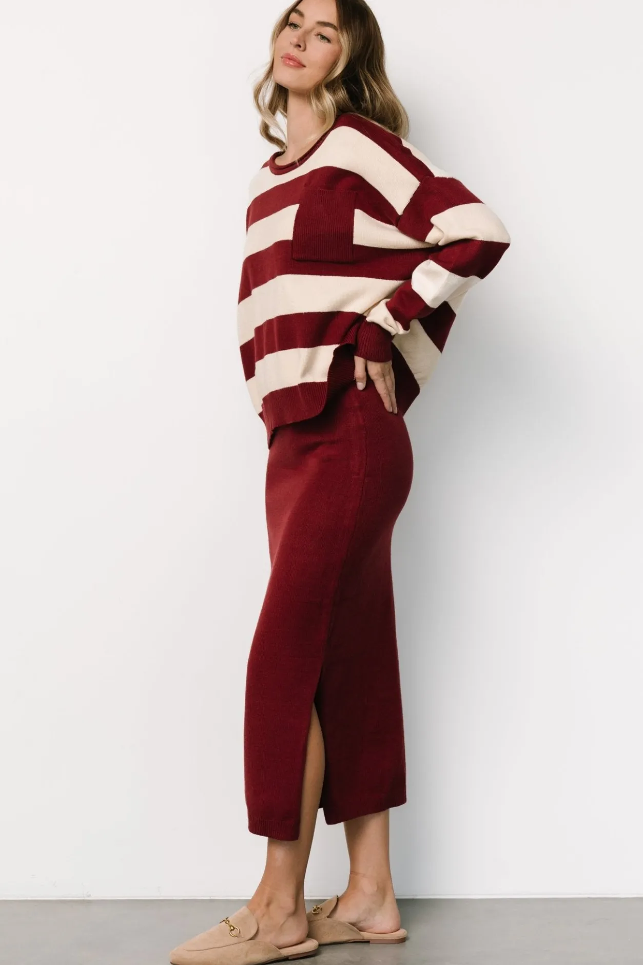 New Baltic Born Carlotta Sweater + Skirt Set | Burgundy + Cream Burgundy+Cream