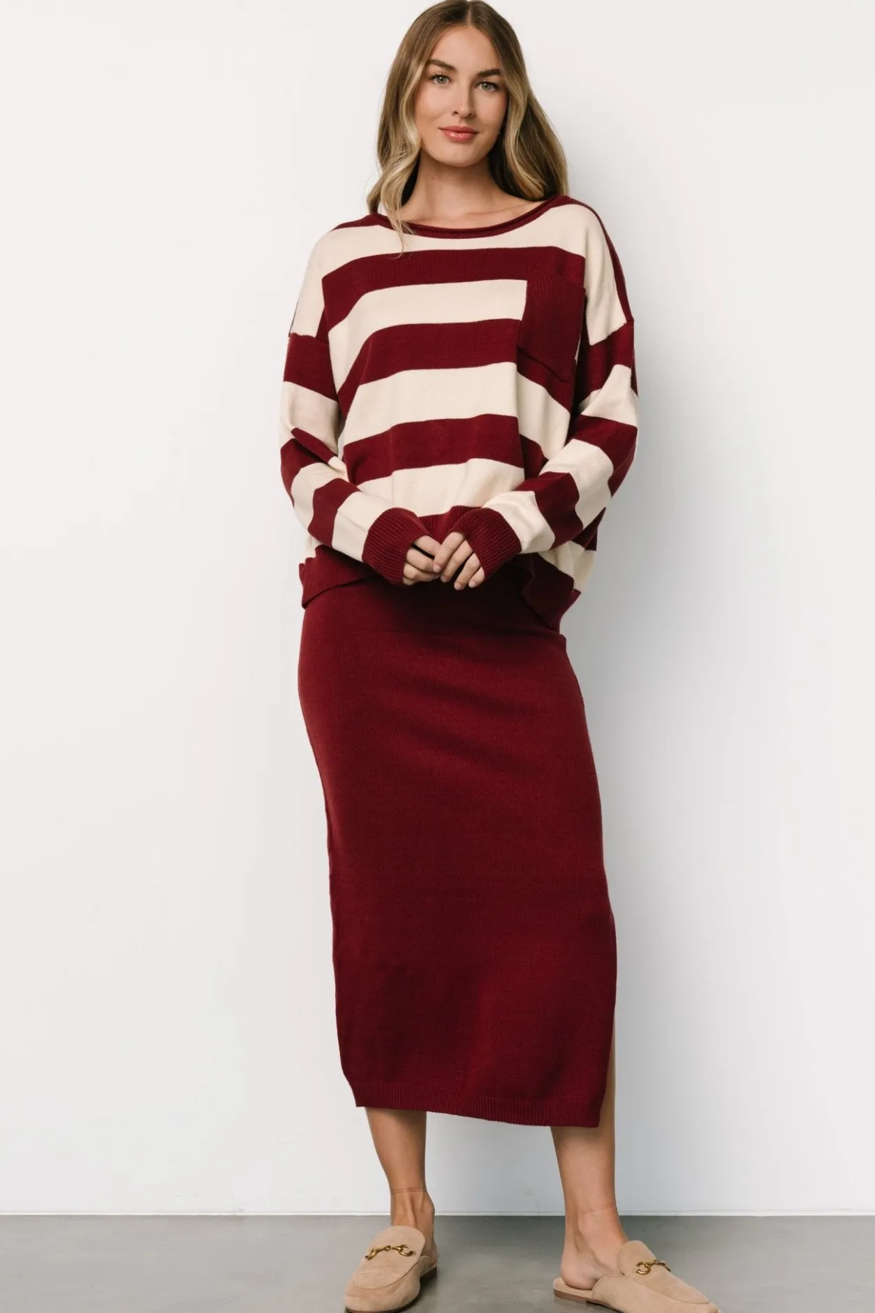 New Baltic Born Carlotta Sweater + Skirt Set | Burgundy + Cream Burgundy+Cream