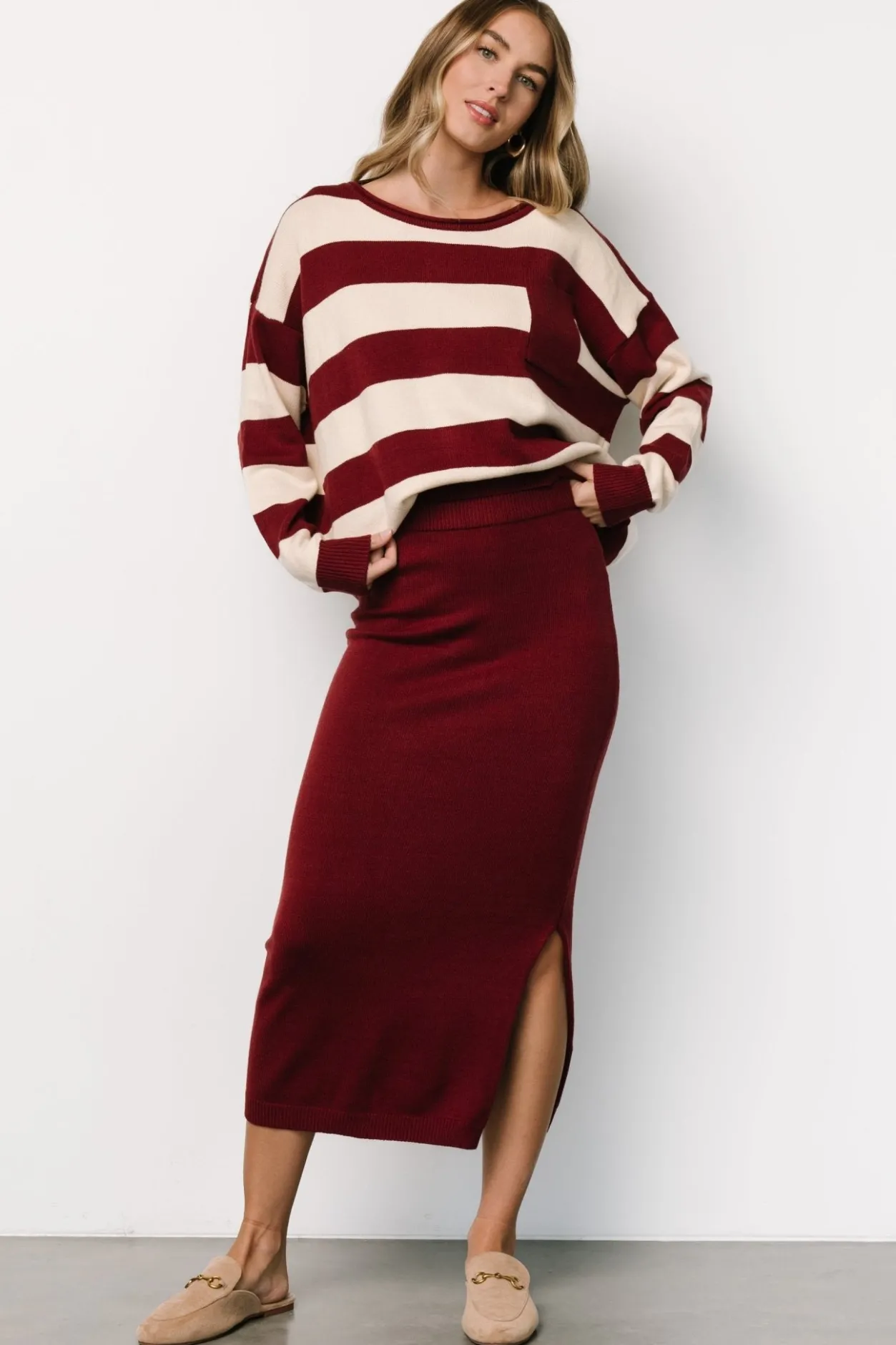 New Baltic Born Carlotta Sweater + Skirt Set | Burgundy + Cream Burgundy+Cream