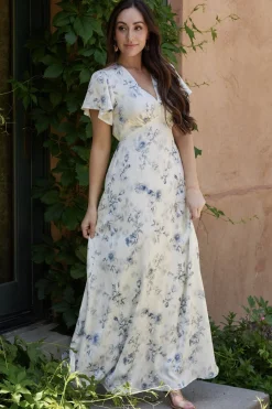 Discount Baltic Born Carmen Maxi Dress | Off White + Blue Floral OffWhite+BlueFloral