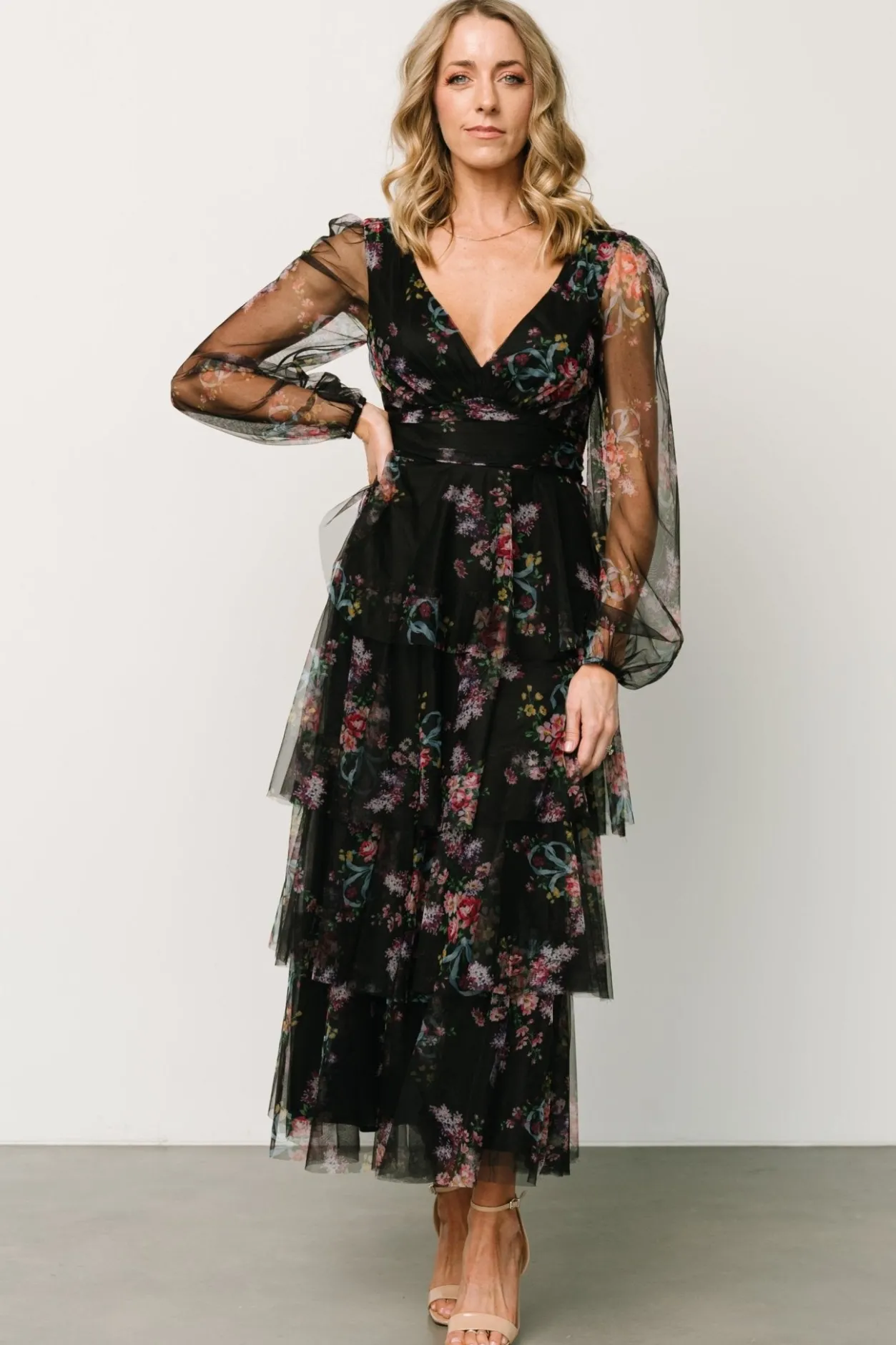 Discount Baltic Born Carolina Tulle Tiered Maxi Dress | Black Floral BlackFloral