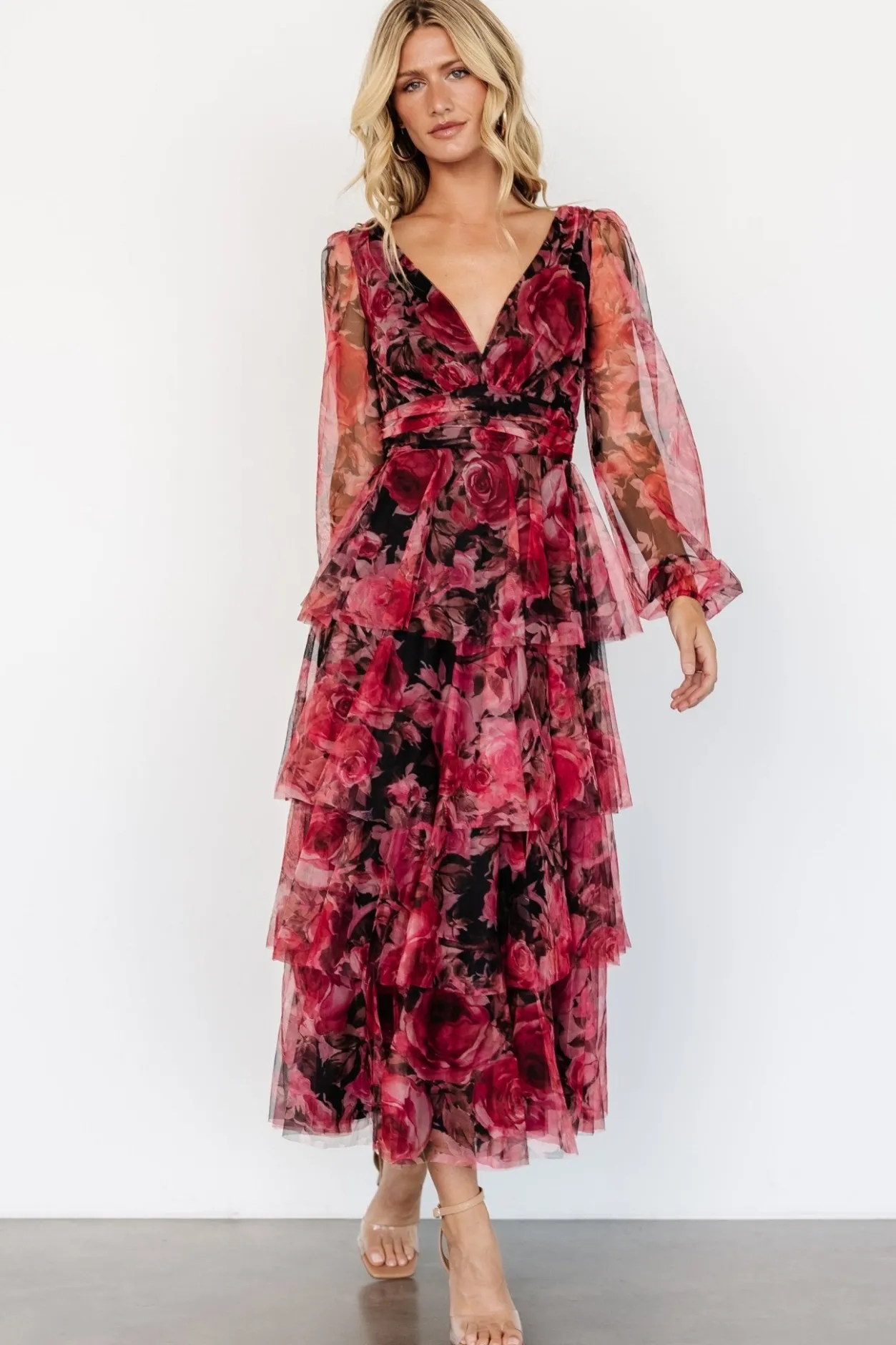 Clearance Baltic Born Carolina Tulle Tiered Maxi Dress | Red + Black Floral Red+BlackFloral