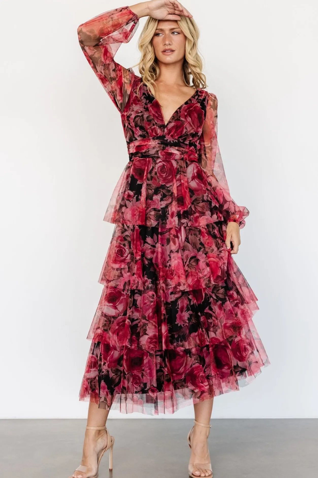 Clearance Baltic Born Carolina Tulle Tiered Maxi Dress | Red + Black Floral Red+BlackFloral