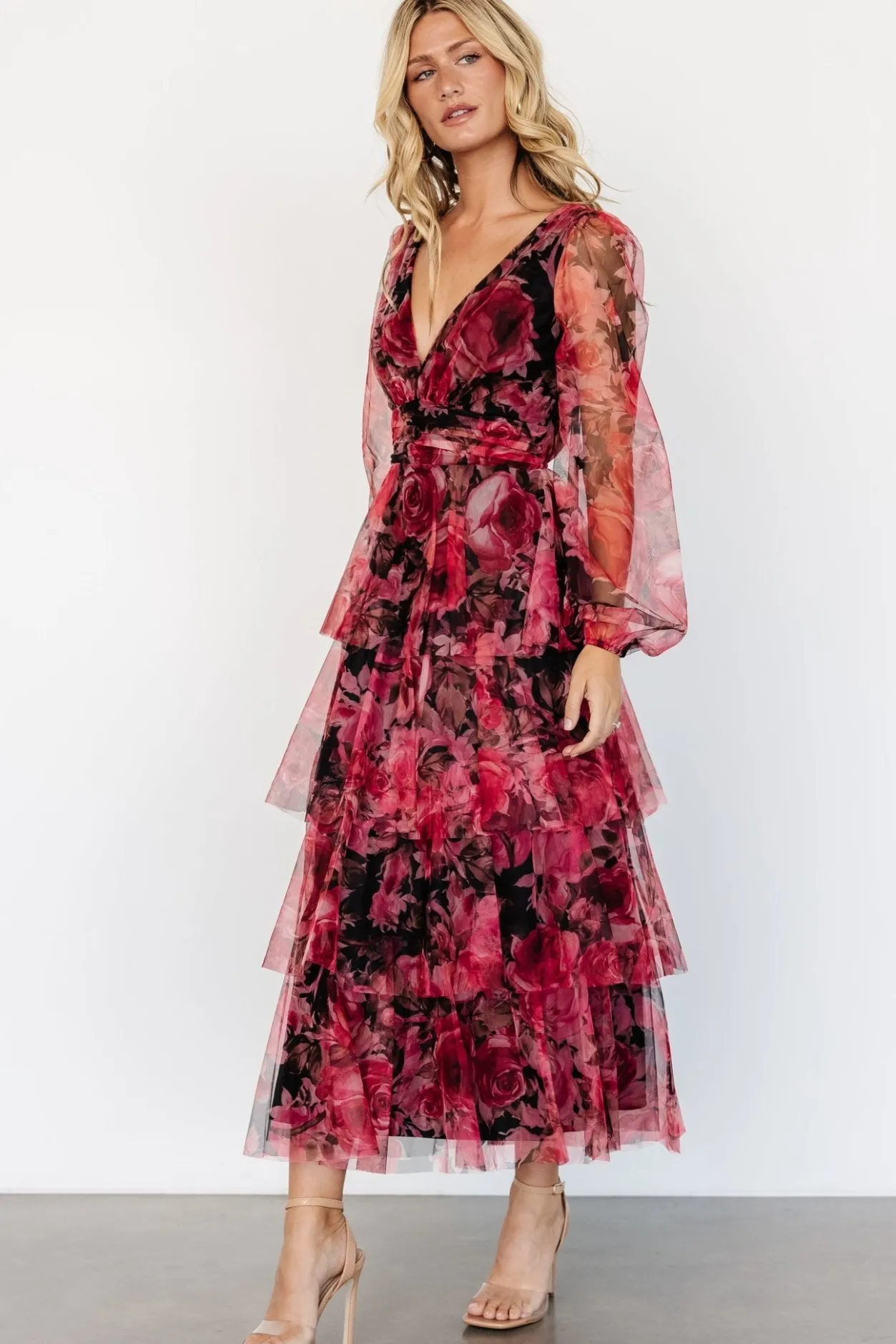 Clearance Baltic Born Carolina Tulle Tiered Maxi Dress | Red + Black Floral Red+BlackFloral