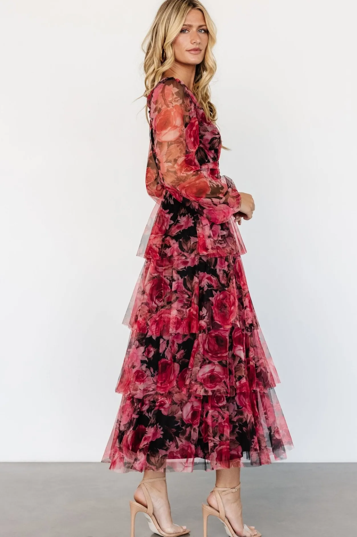 Clearance Baltic Born Carolina Tulle Tiered Maxi Dress | Red + Black Floral Red+BlackFloral