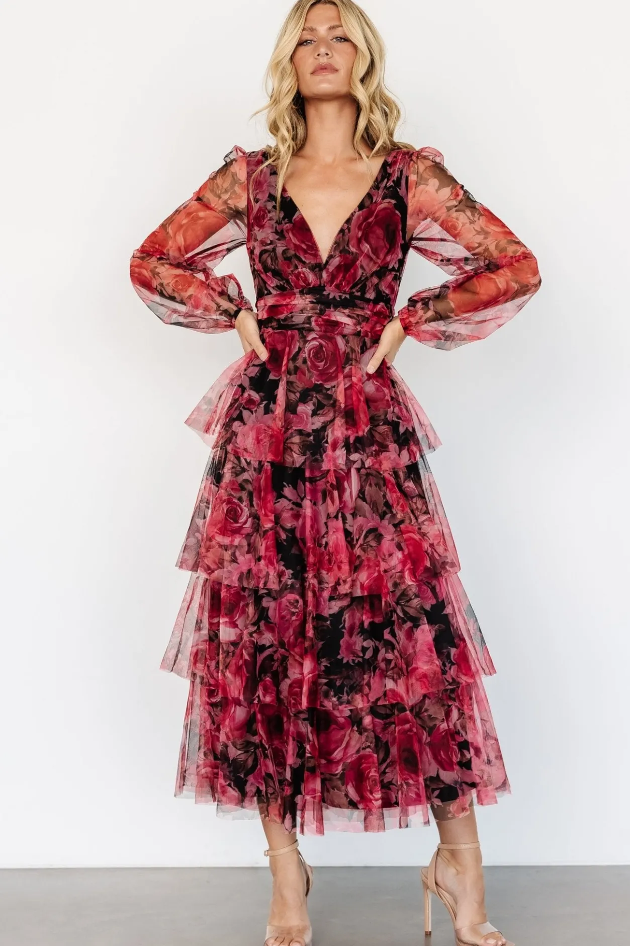 Clearance Baltic Born Carolina Tulle Tiered Maxi Dress | Red + Black Floral Red+BlackFloral