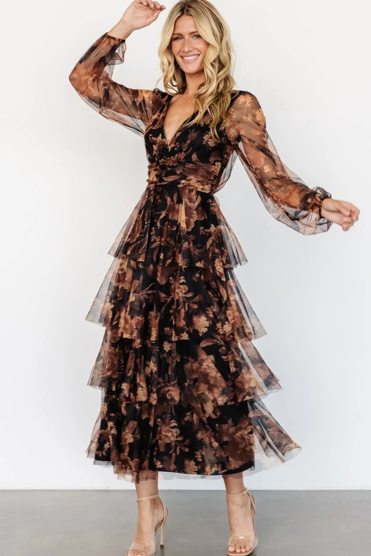 Discount Baltic Born Carolina Tulle Tiered Maxi Dress | Caramel Floral CaramelFloral
