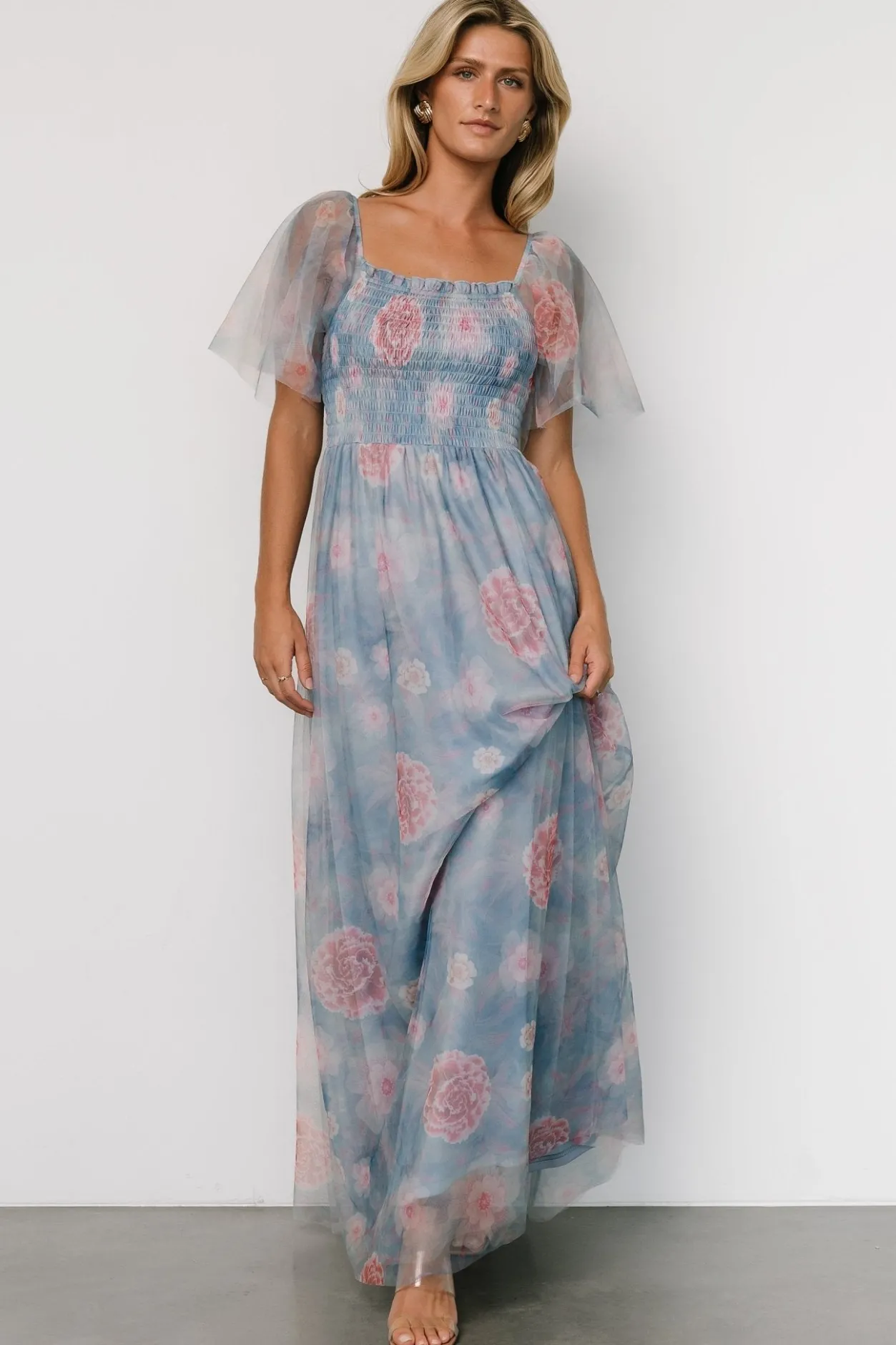 Hot Baltic Born Cassandra Tulle Maxi Dress | Light Blue + Pink Floral LightBlue+PinkFloral