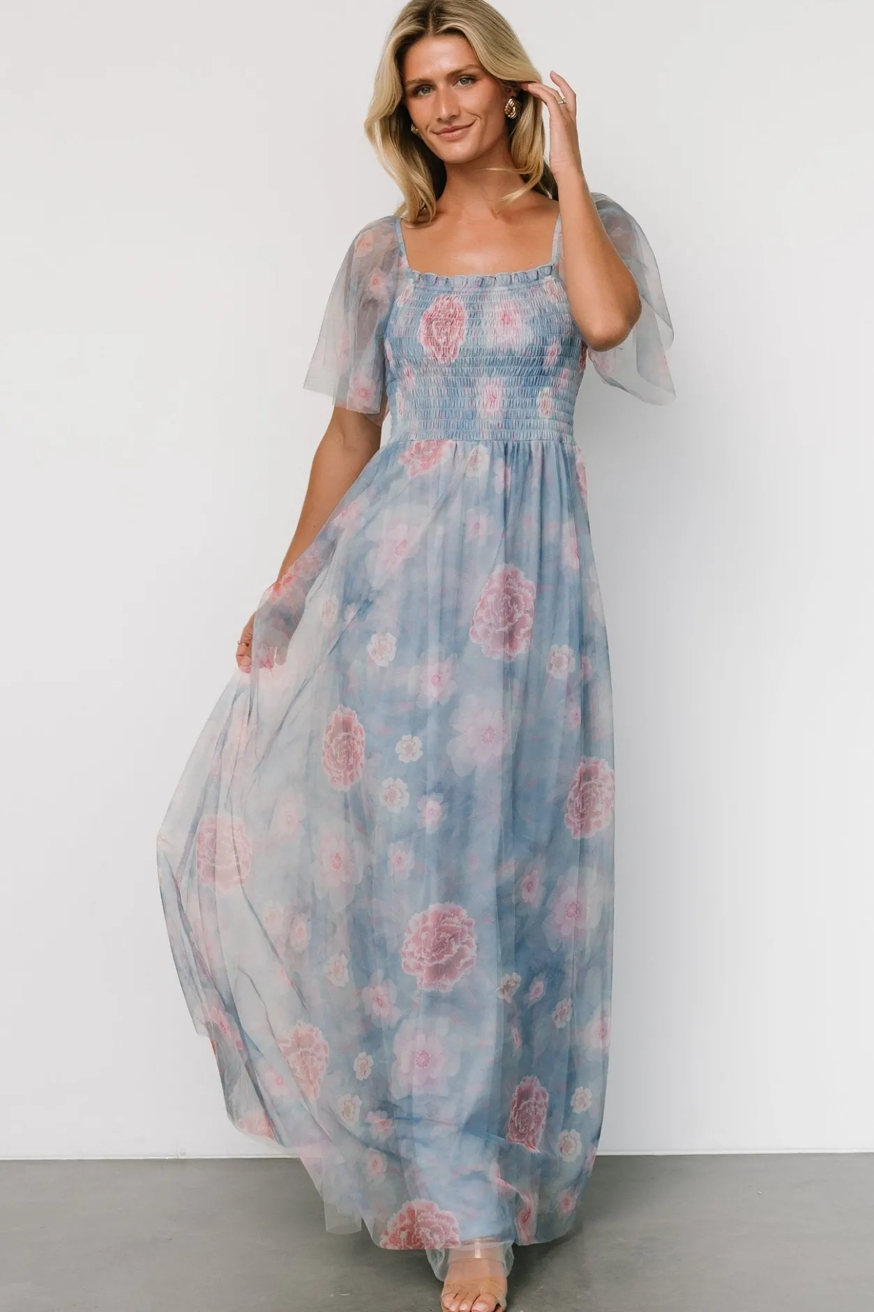 Hot Baltic Born Cassandra Tulle Maxi Dress | Light Blue + Pink Floral LightBlue+PinkFloral