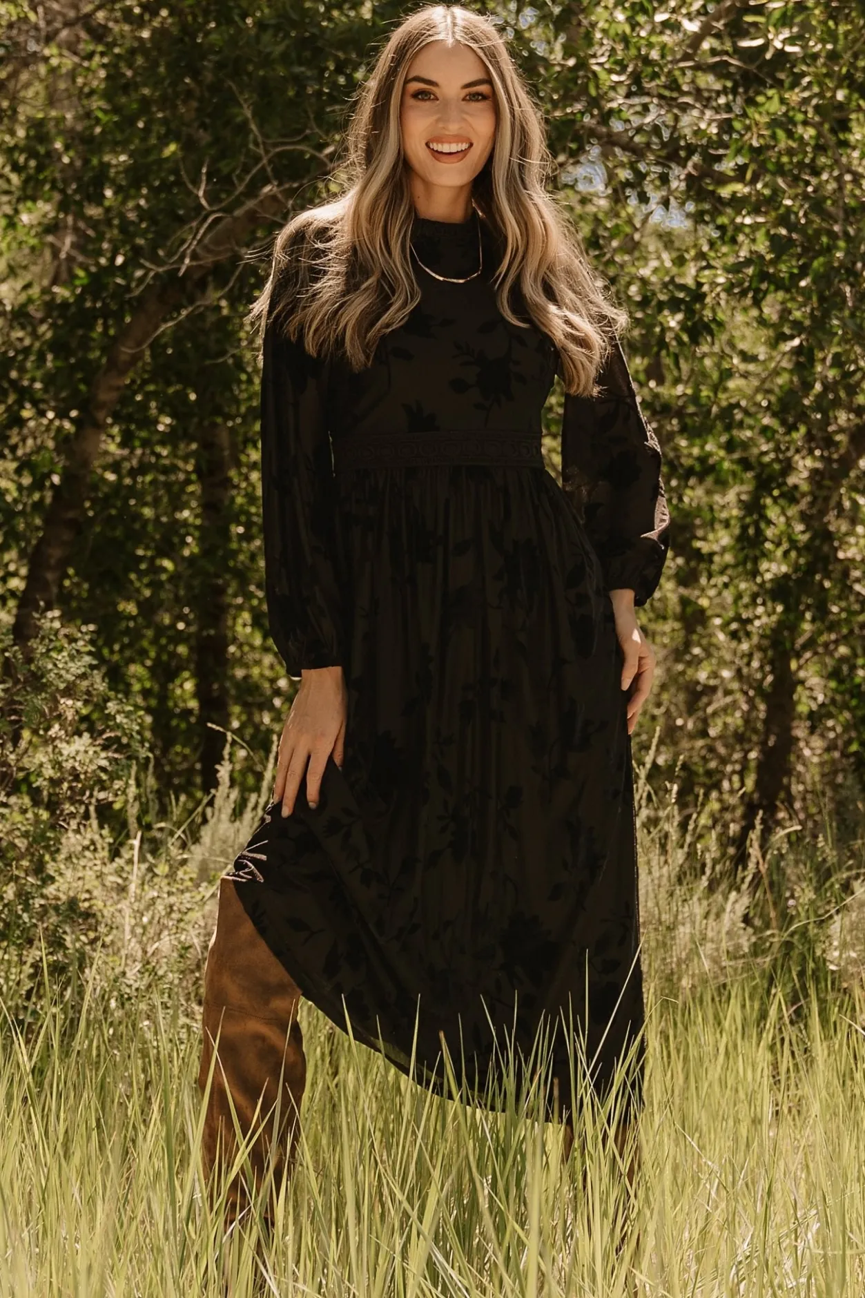 Sale Baltic Born Christine Velvet Embossed Midi Dress | Black