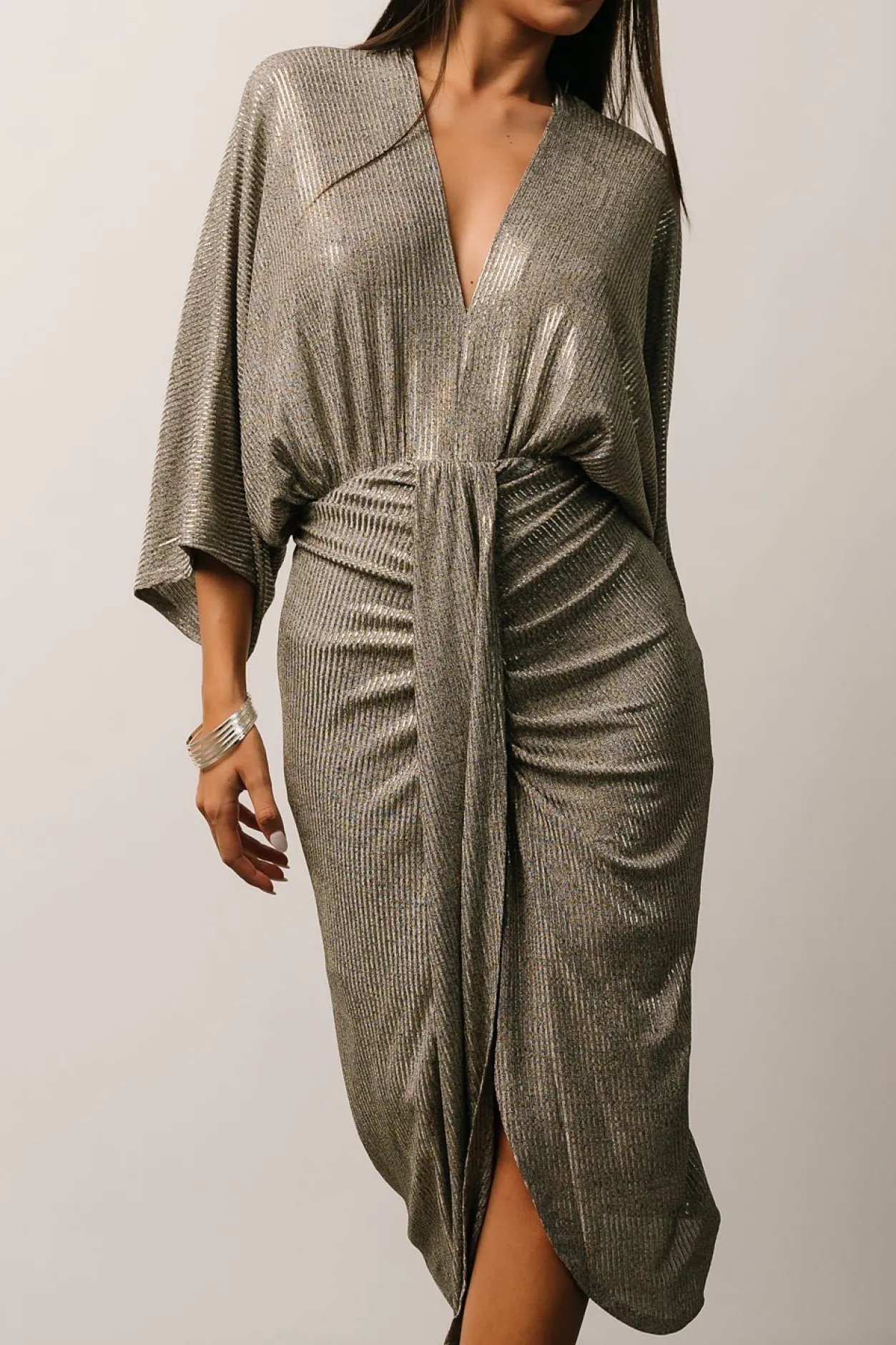 Fashion Baltic Born Ciara Ruched Midi Dress | Silver Metallic SilverMetallic