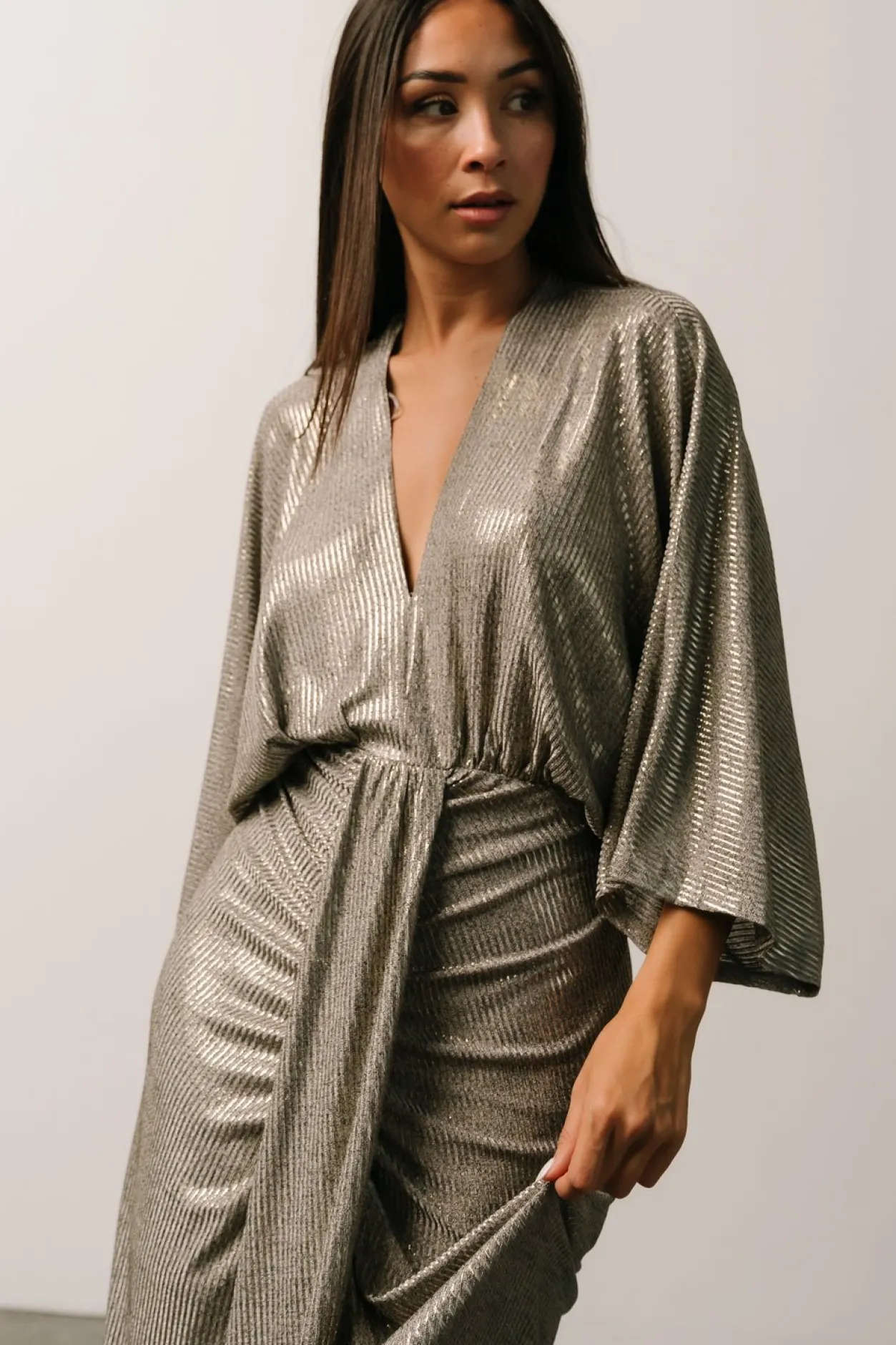 Fashion Baltic Born Ciara Ruched Midi Dress | Silver Metallic SilverMetallic