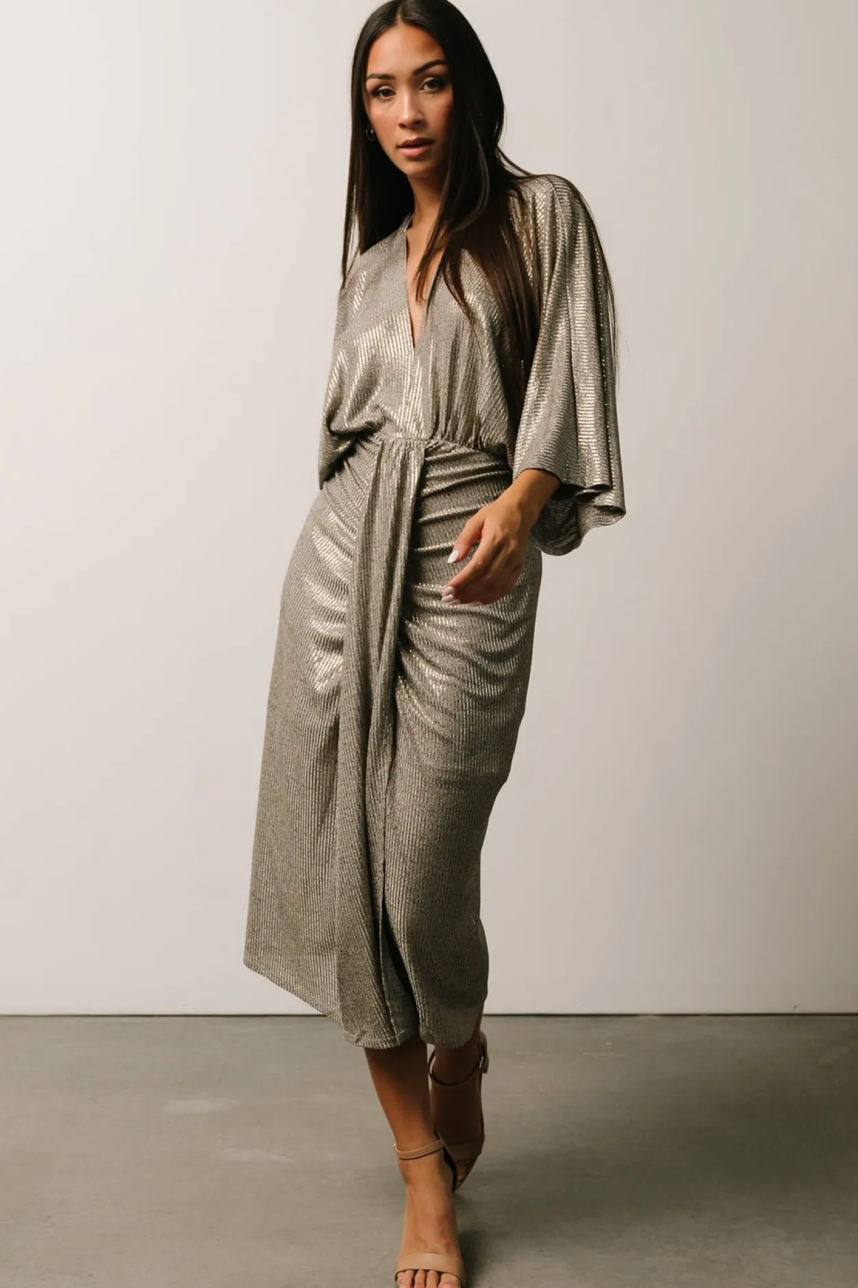 Fashion Baltic Born Ciara Ruched Midi Dress | Silver Metallic SilverMetallic