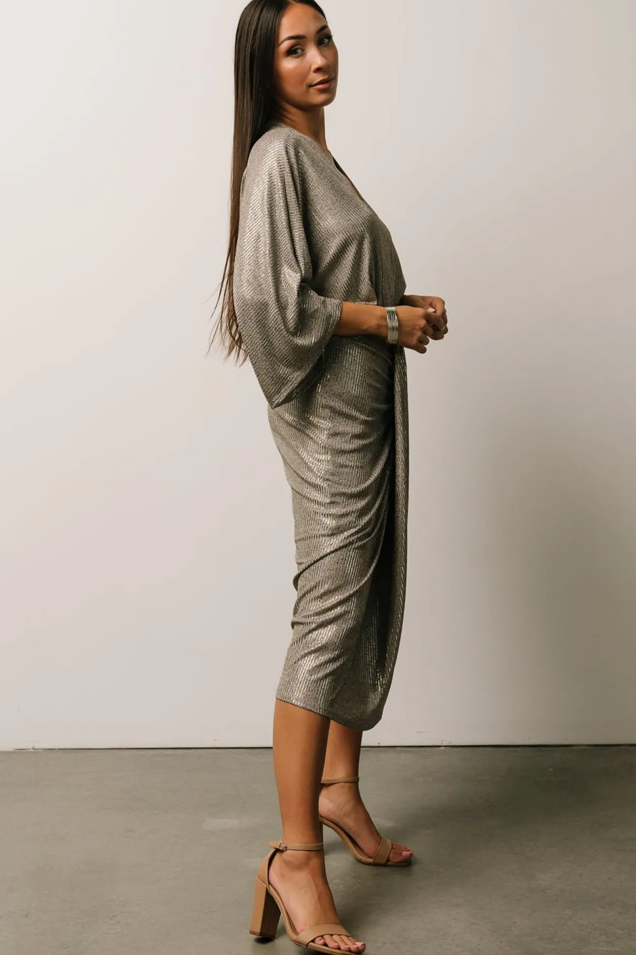 Fashion Baltic Born Ciara Ruched Midi Dress | Silver Metallic SilverMetallic