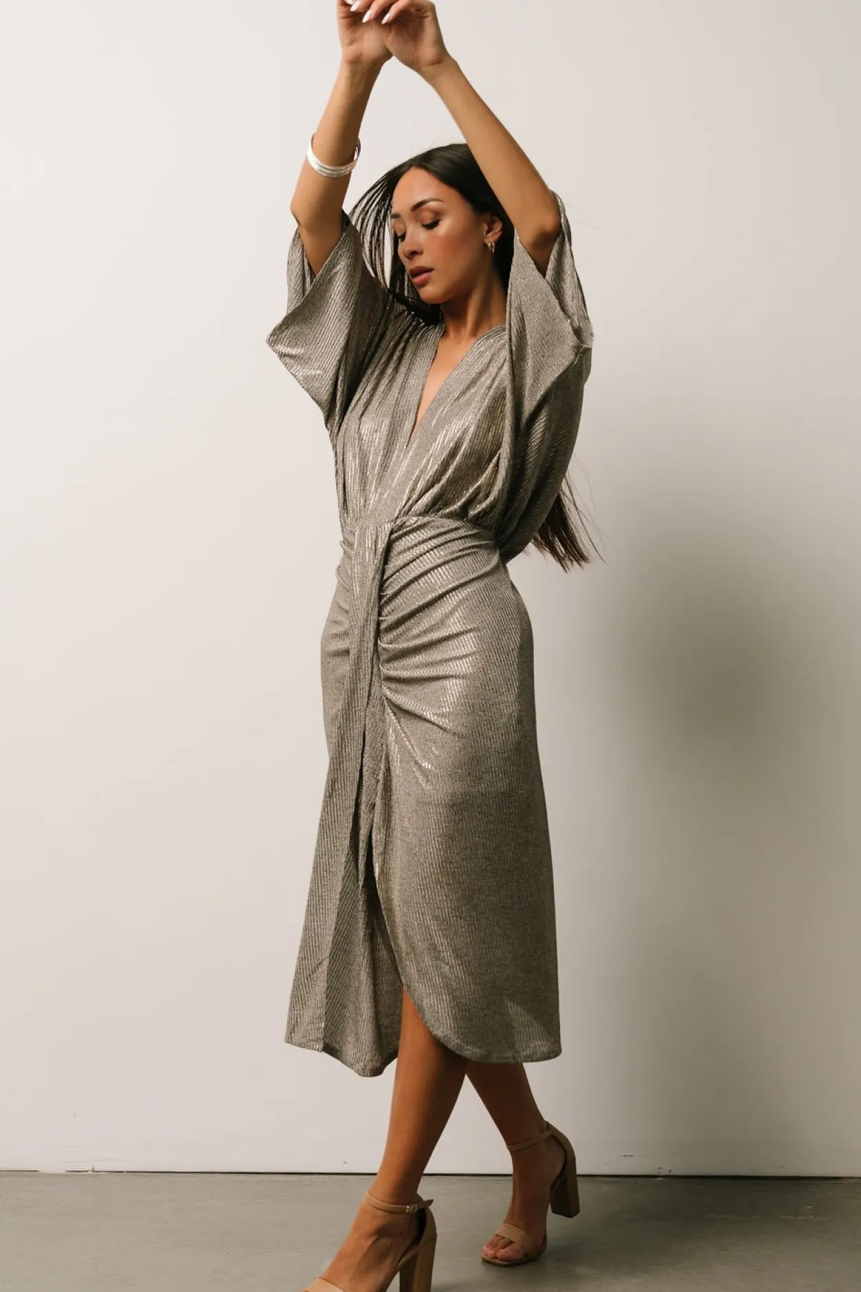 Fashion Baltic Born Ciara Ruched Midi Dress | Silver Metallic SilverMetallic