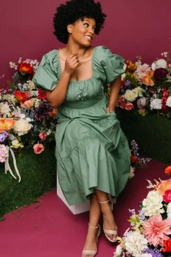 Hot Baltic Born Cindy Puff Sleeve Tiered Dress | Dusty Green DustyGreen