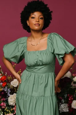 Hot Baltic Born Cindy Puff Sleeve Tiered Dress | Dusty Green DustyGreen