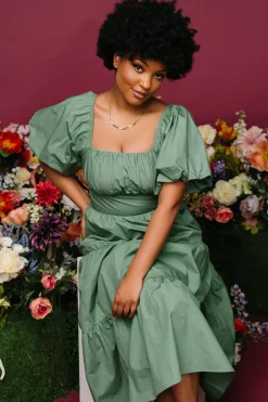 Hot Baltic Born Cindy Puff Sleeve Tiered Dress | Dusty Green DustyGreen