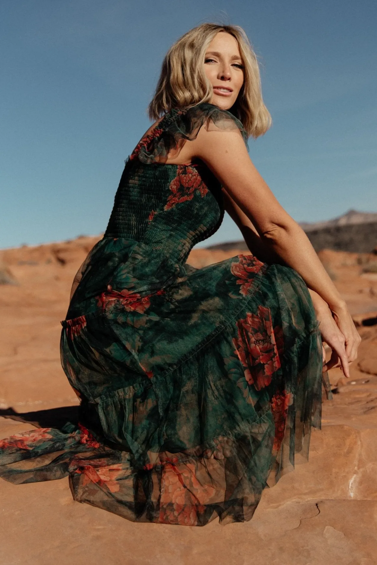 Clearance Baltic Born Clementine Tulle Midi Dress | Dark Green Floral DarkGreenFloral