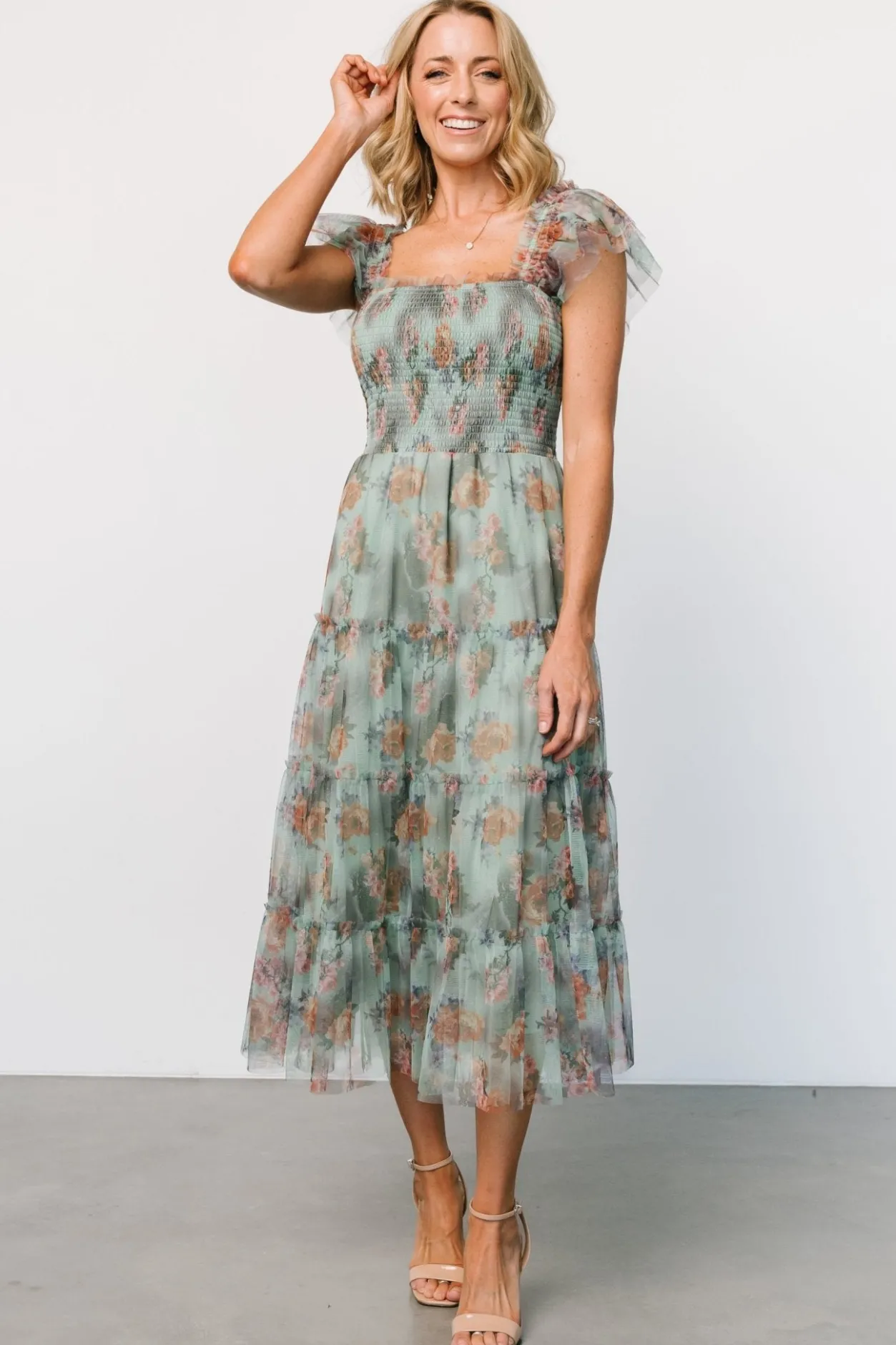 New Baltic Born Clementine Tulle Midi Dress | Sage Multi Floral SageMultiFloral
