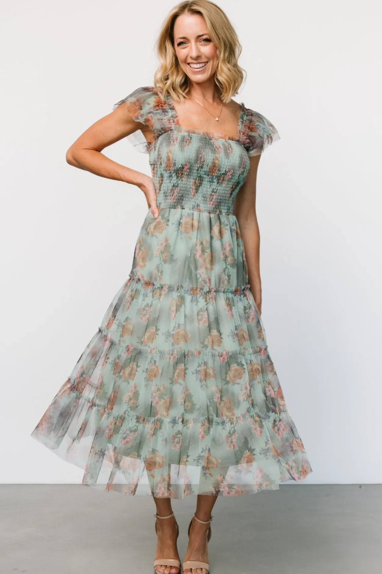 New Baltic Born Clementine Tulle Midi Dress | Sage Multi Floral SageMultiFloral