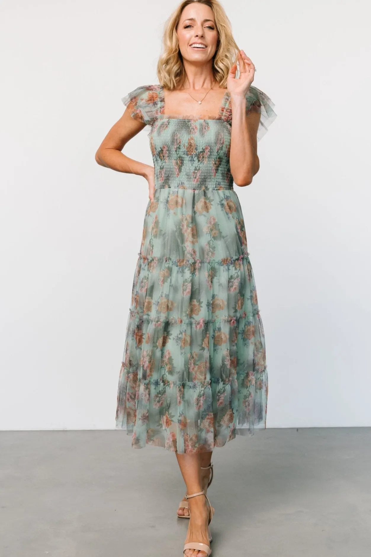 New Baltic Born Clementine Tulle Midi Dress | Sage Multi Floral SageMultiFloral