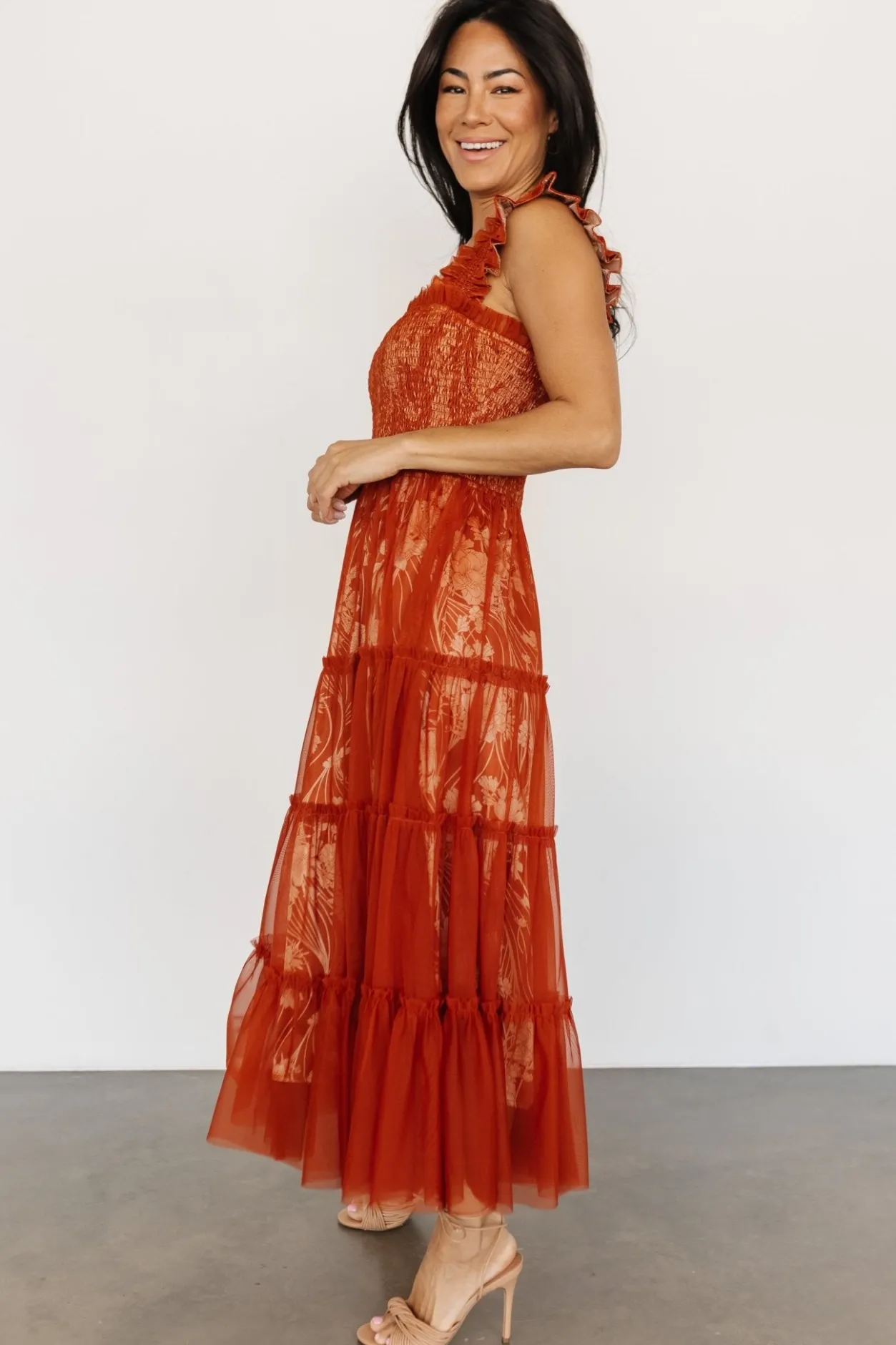 New Baltic Born Cora Smocked Tulle Dress | Rust Floral RustFloral