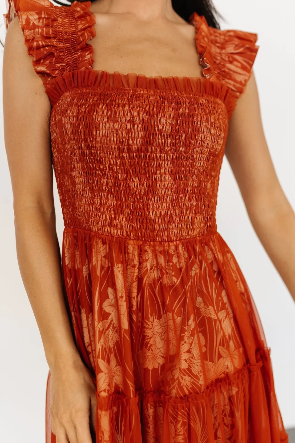 New Baltic Born Cora Smocked Tulle Dress | Rust Floral RustFloral
