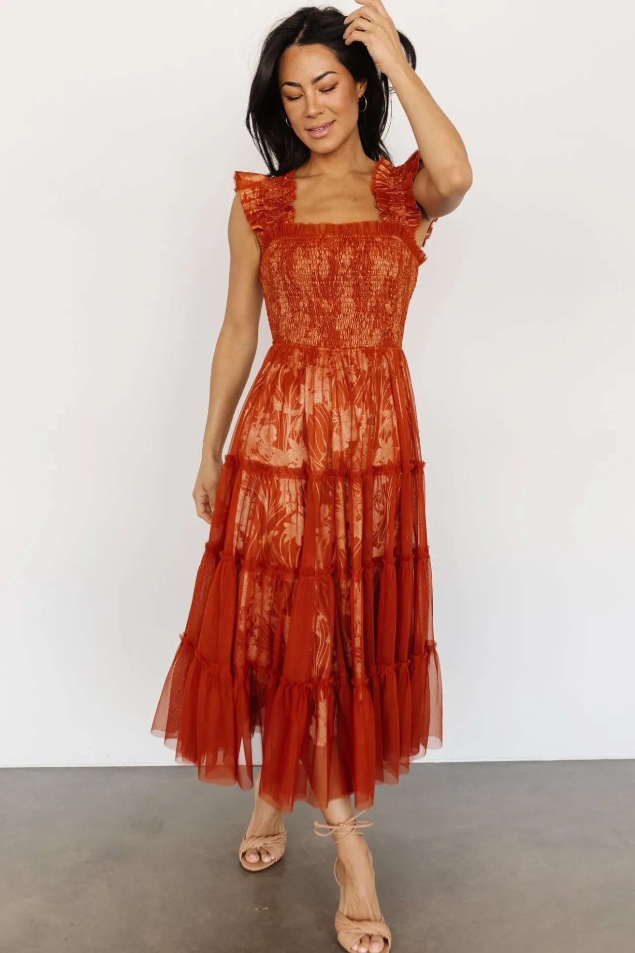 New Baltic Born Cora Smocked Tulle Dress | Rust Floral RustFloral