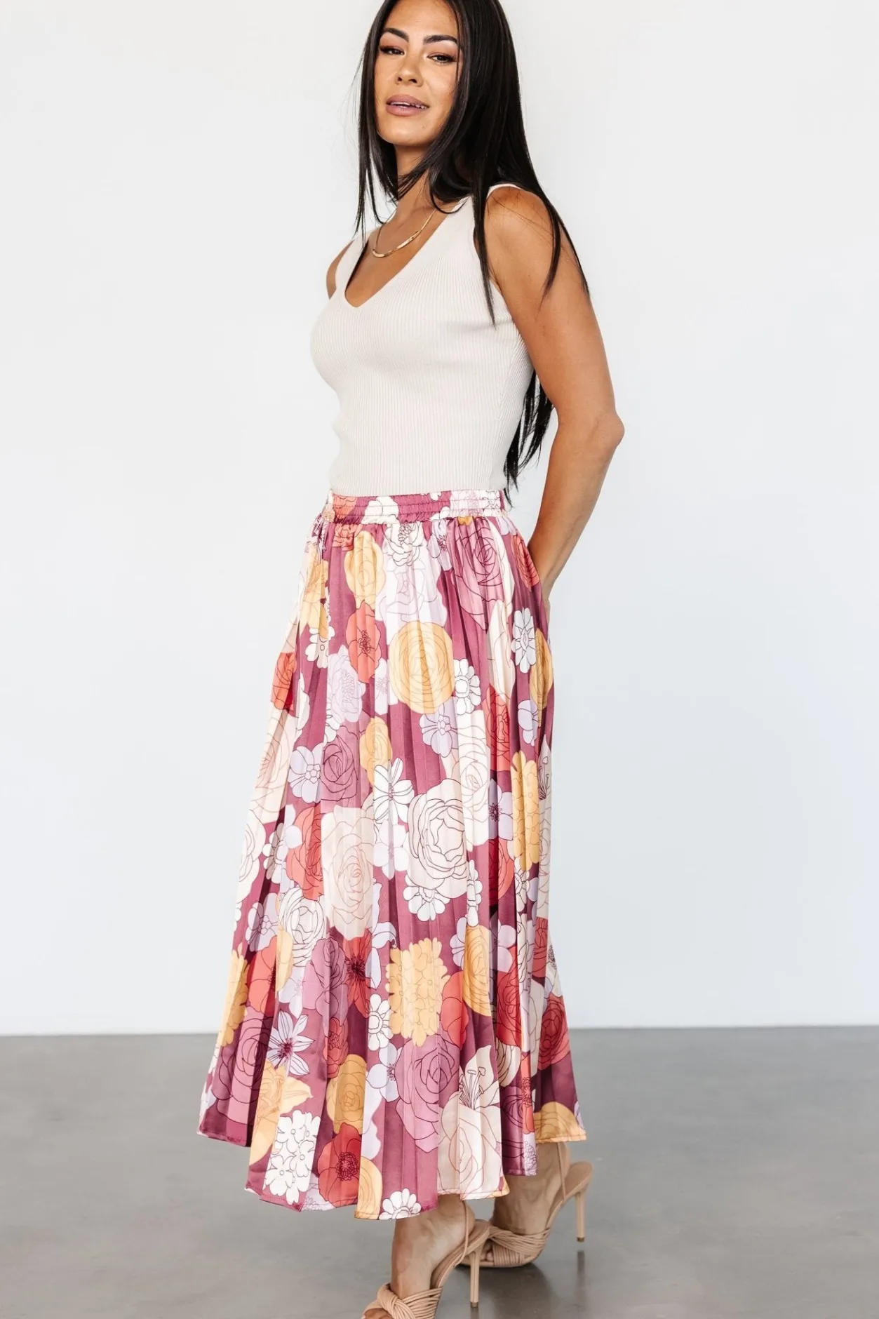 Online Baltic Born Cori Pleated Skirt | Deep Mauve Floral DeepMauveFloral