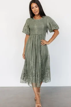 Best Baltic Born Corrine Embroidered Midi Dress | Deep Sage DeepSage