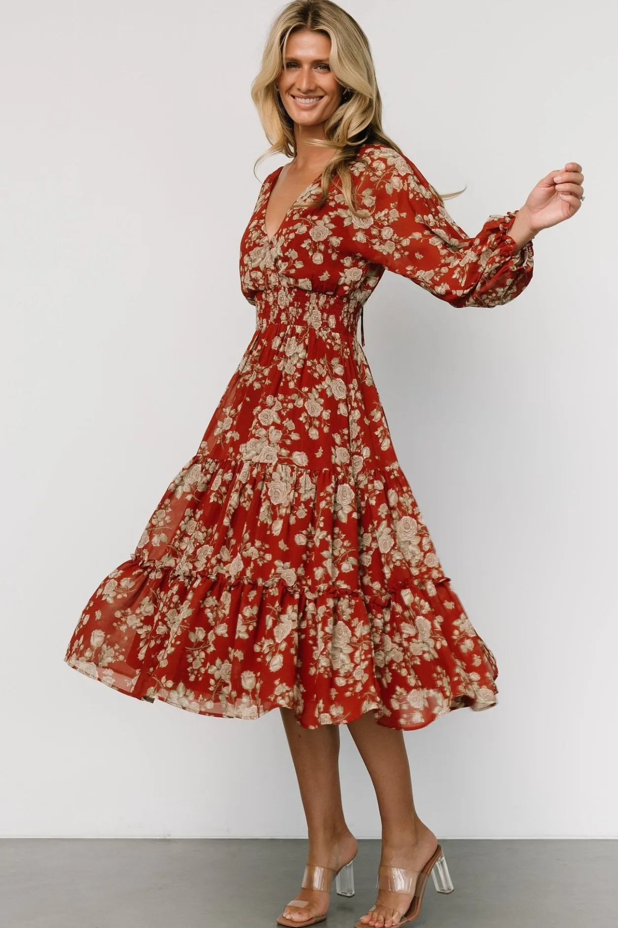 Discount Baltic Born Coventry Tiered Midi Dress | Rust Floral RustFloral
