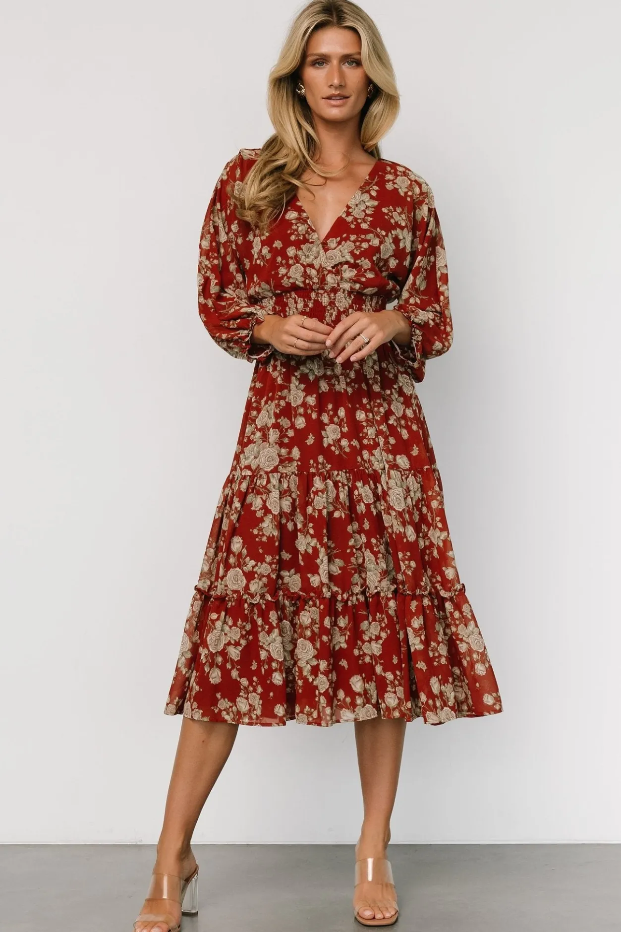 Discount Baltic Born Coventry Tiered Midi Dress | Rust Floral RustFloral