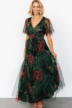 Sale Baltic Born Cressida Tulle Maxi Dress | Dark Green + Red Floral DarkGreen+RedFloral