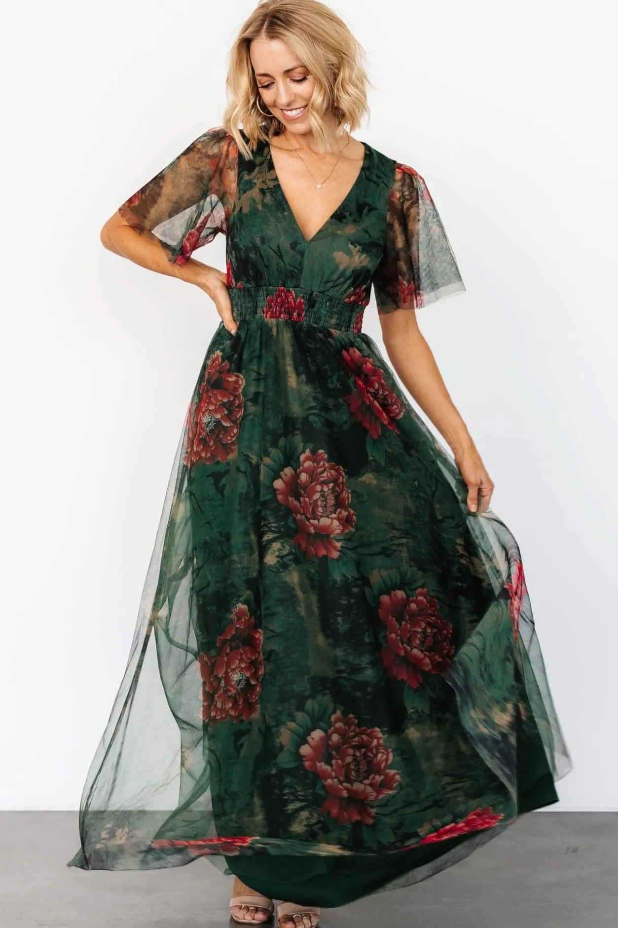 Sale Baltic Born Cressida Tulle Maxi Dress | Dark Green + Red Floral DarkGreen+RedFloral
