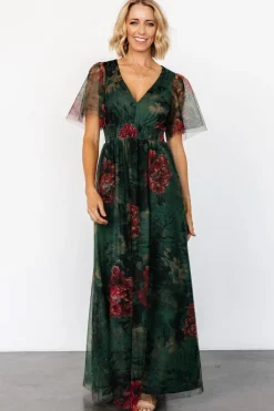 Sale Baltic Born Cressida Tulle Maxi Dress | Dark Green + Red Floral DarkGreen+RedFloral