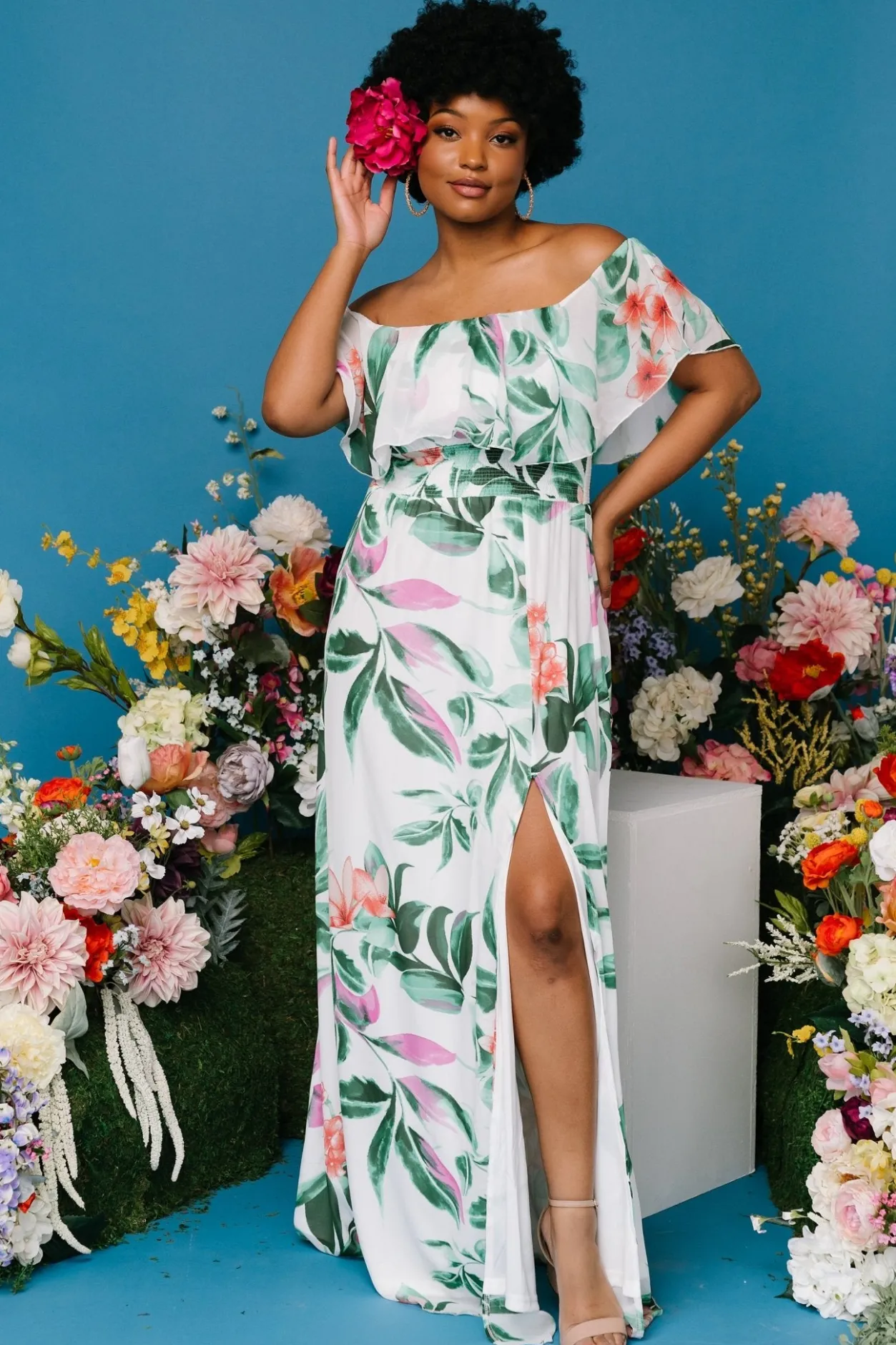 Online Baltic Born Daphne Off Shoulder Maxi Dress | White + Green Multi Floral White+GreenMultiFloral