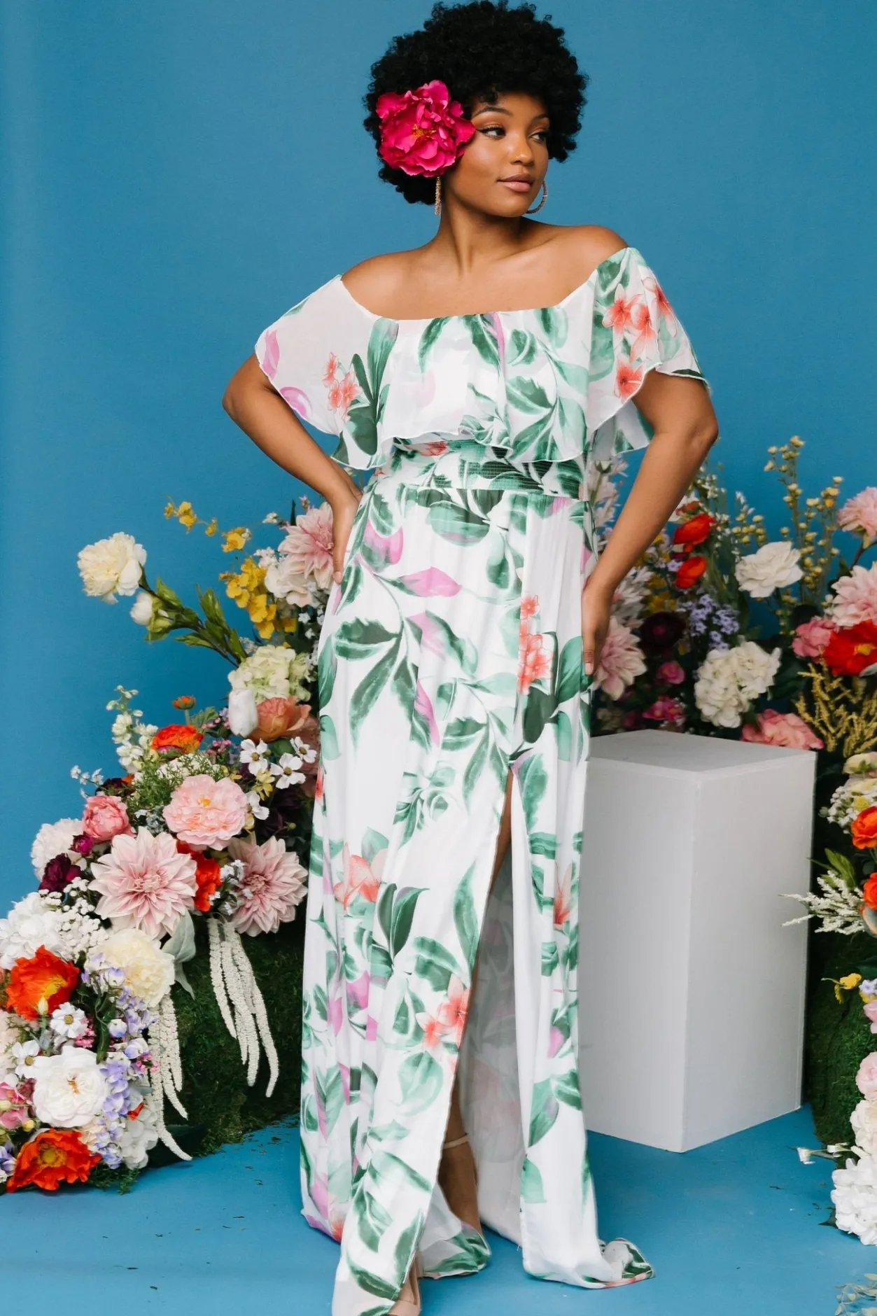 Online Baltic Born Daphne Off Shoulder Maxi Dress | White + Green Multi Floral White+GreenMultiFloral